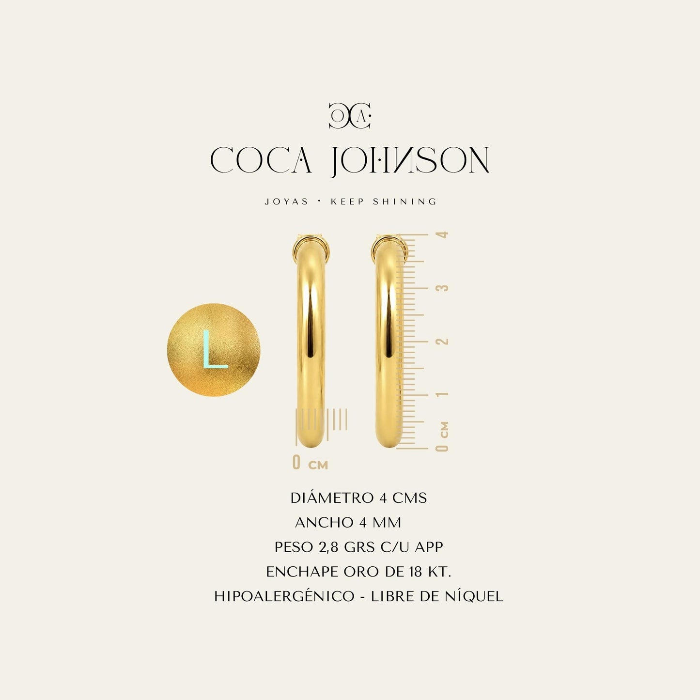 Argollas lisas tubulares enchapadas en oro de 18 kt, resumen de caracteristicas tecnicas talla L - Coca Johnson Joyas - Chile