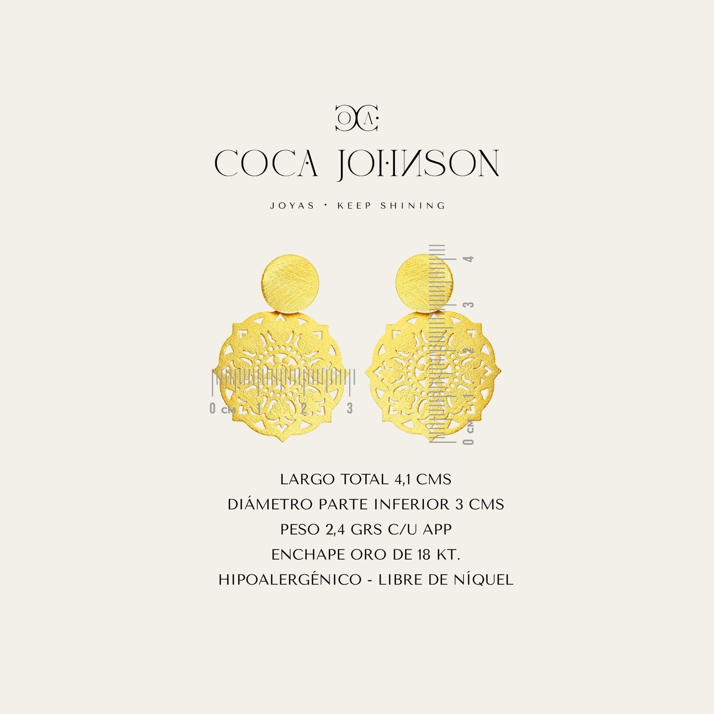 Aros femeninos con look bohemio, enchapados en oro de 18 kt, resumen de caracteristicas tecnicas - Coca Johnson Joyas - Chile