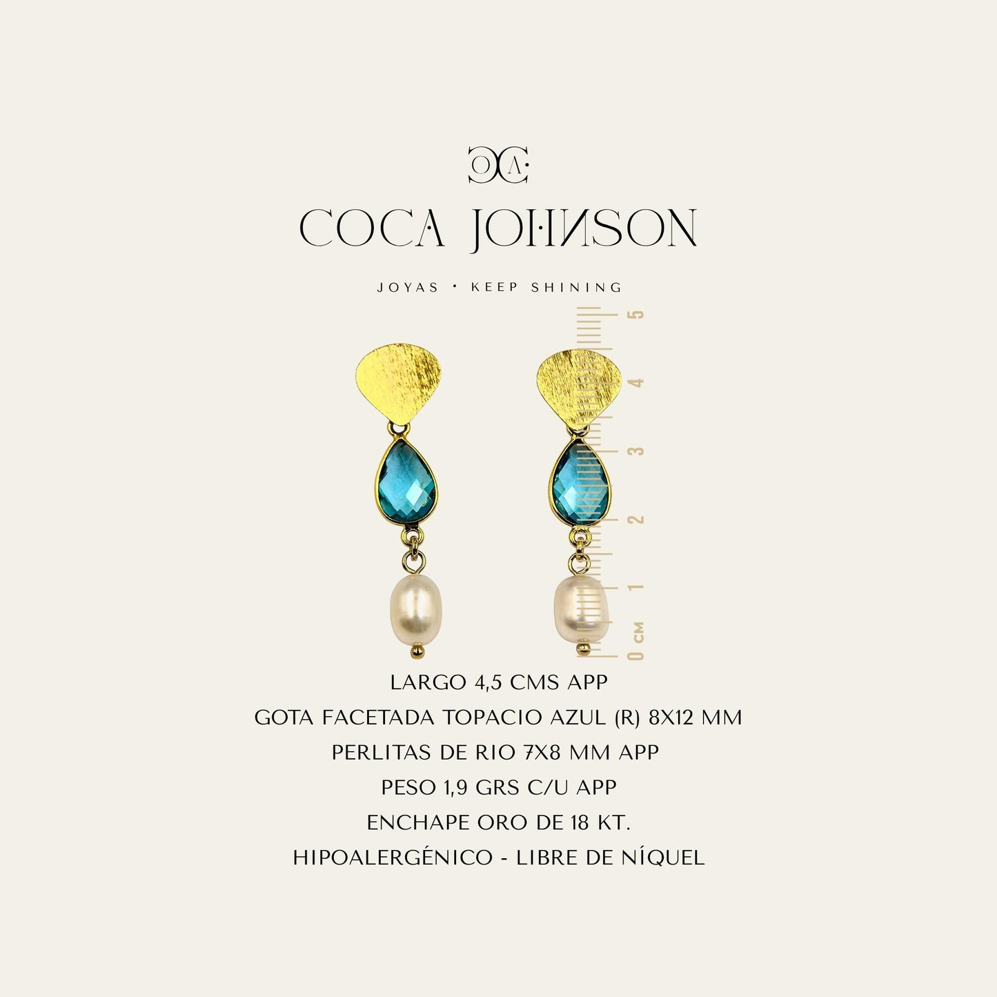 Caracteristicas aros colgantes con gota facetada color topacio azul perla de rio