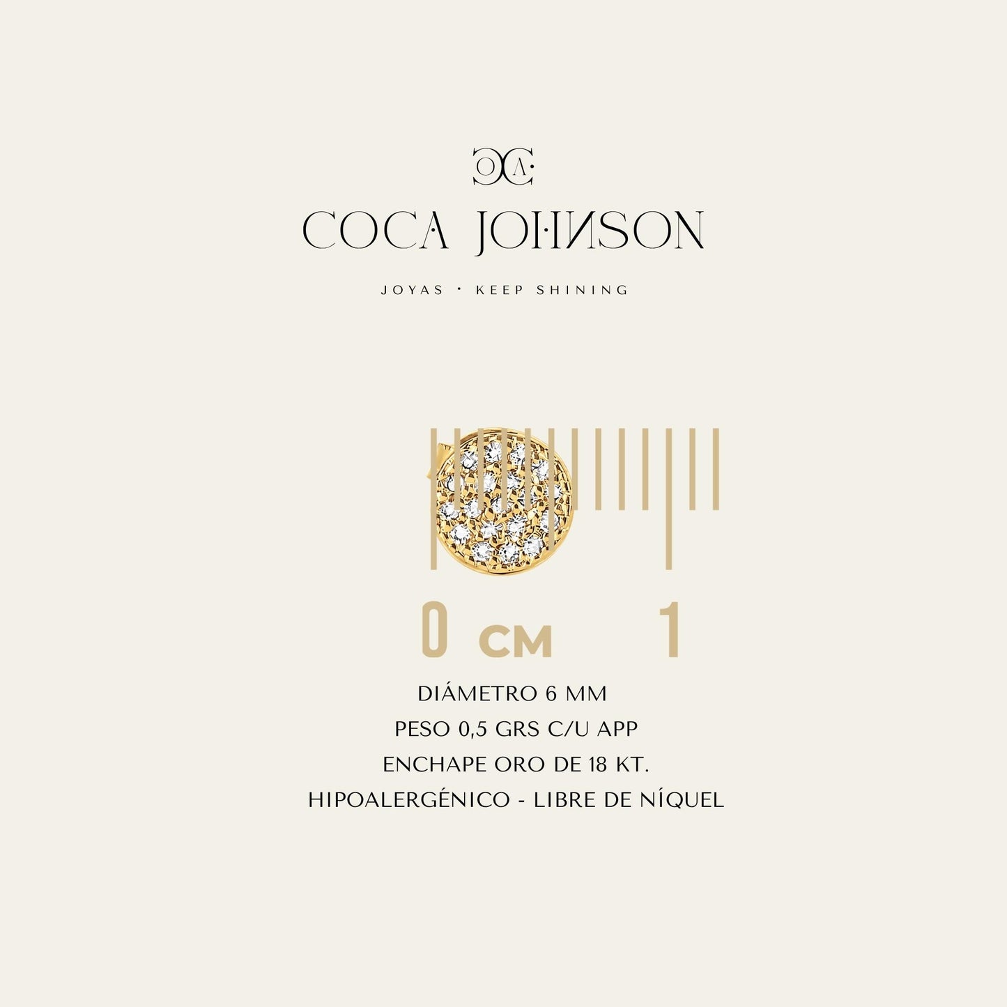 Aros de tope enchapados en oro de 18 kt con minicircones, sobre fondo blanco - esumen de caracteristicas tecnicas - Coca Johnson Joyas - Chile