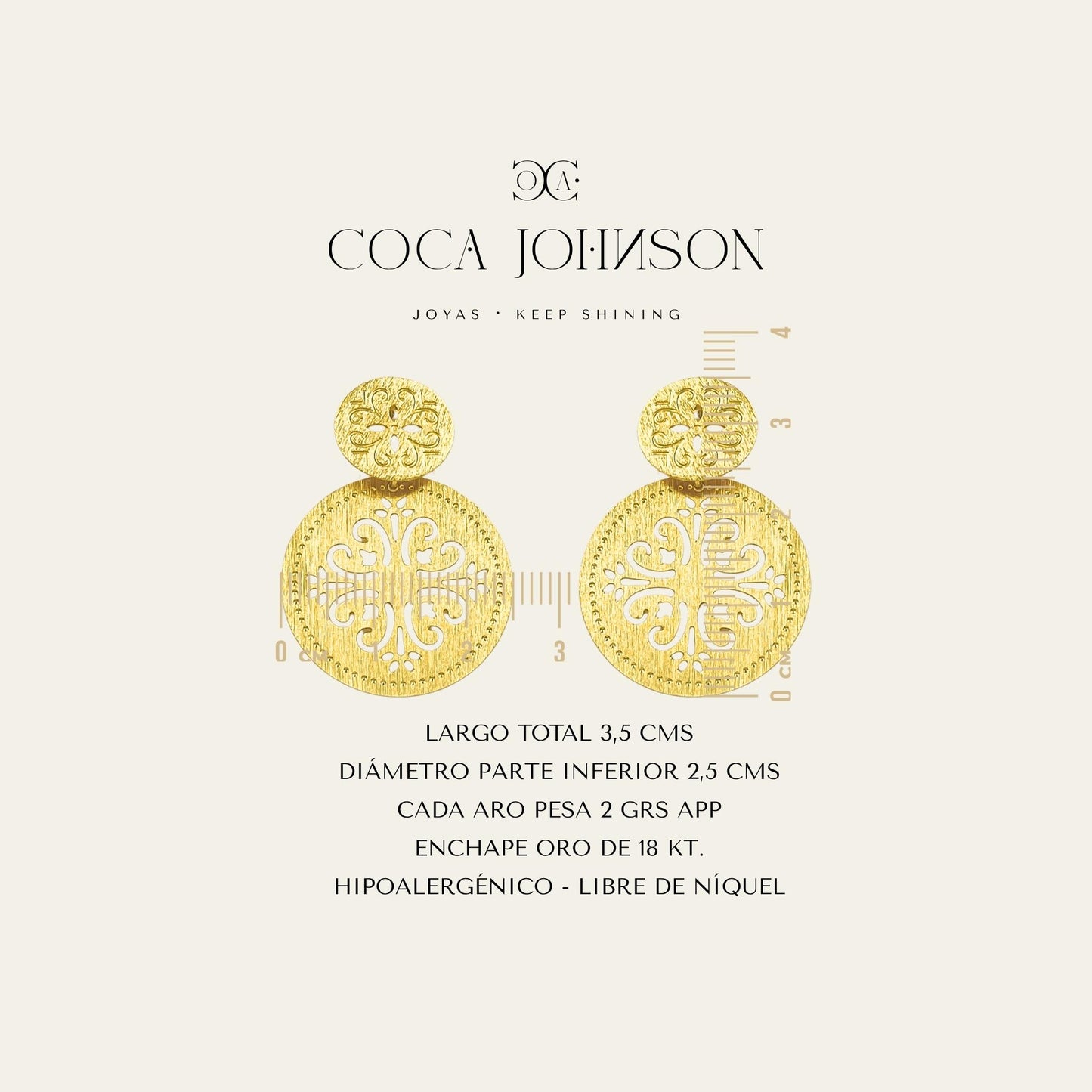 Aros calados, enchapados en oro de 18 kt, resumen de caracteristicas tecnicas - Coca Johnson Joyas - Chile