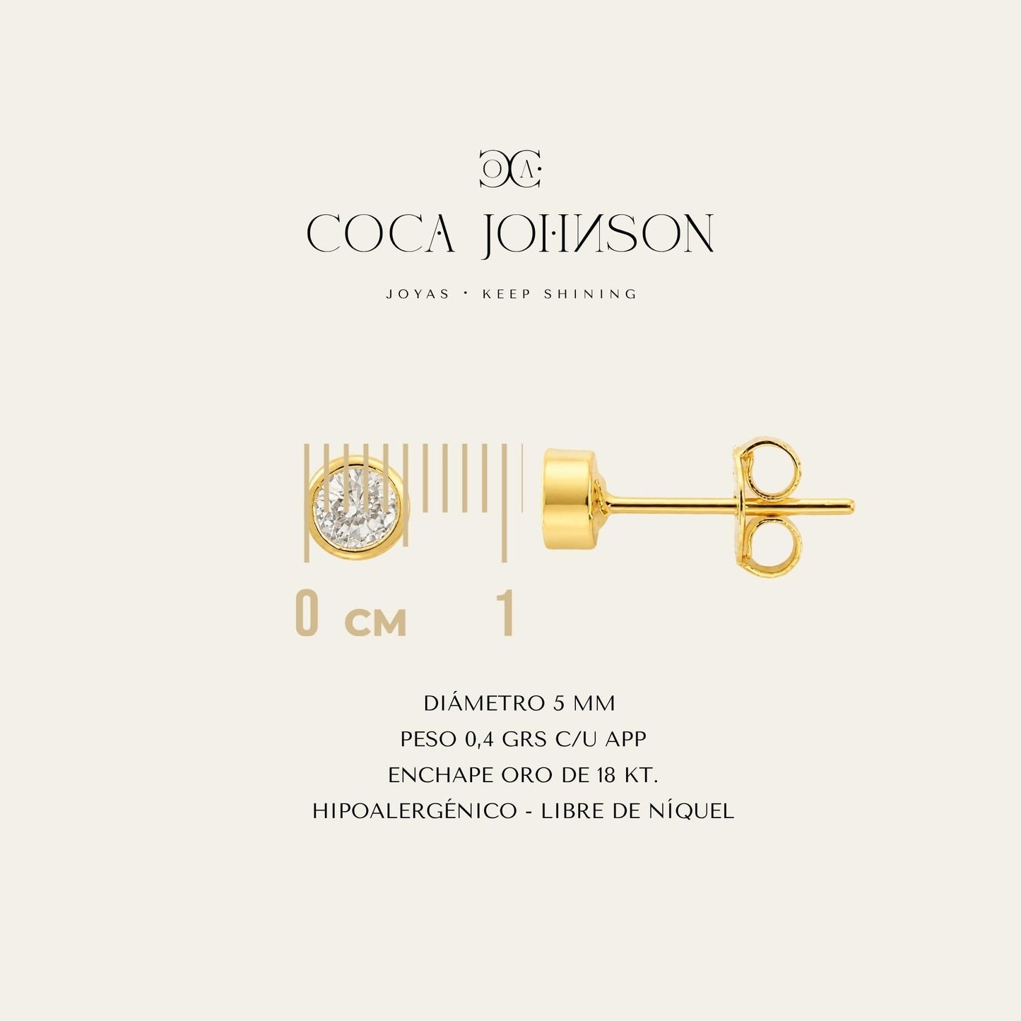 Aros de puntos de luz enchapados en oro de 18 kt, resumen de caracteristicas tecnicas - Coca Johnson Joyas - Chile