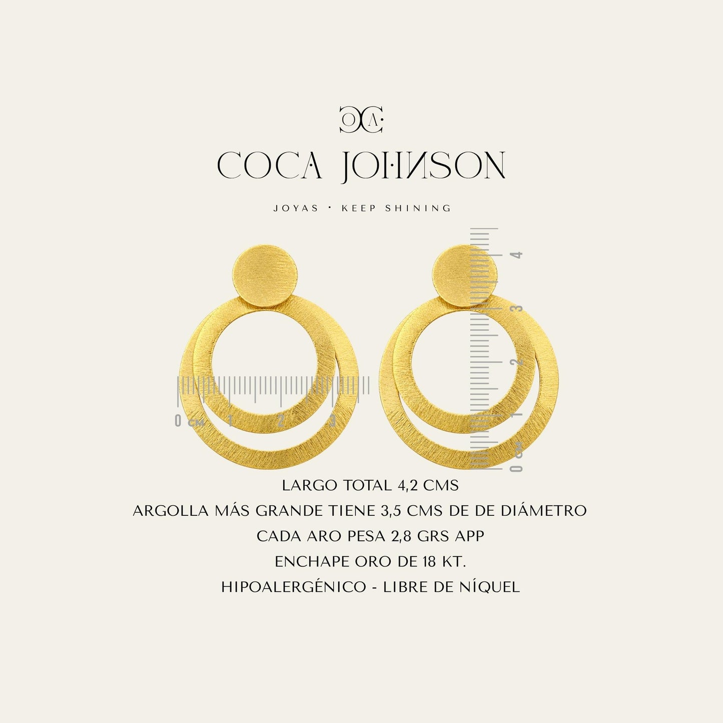 Aros de Argollas colgantes, enchapados en oro de 18 kt, resumen de caracteristicas tecnicas - Coca Johnson Joyas - Chile