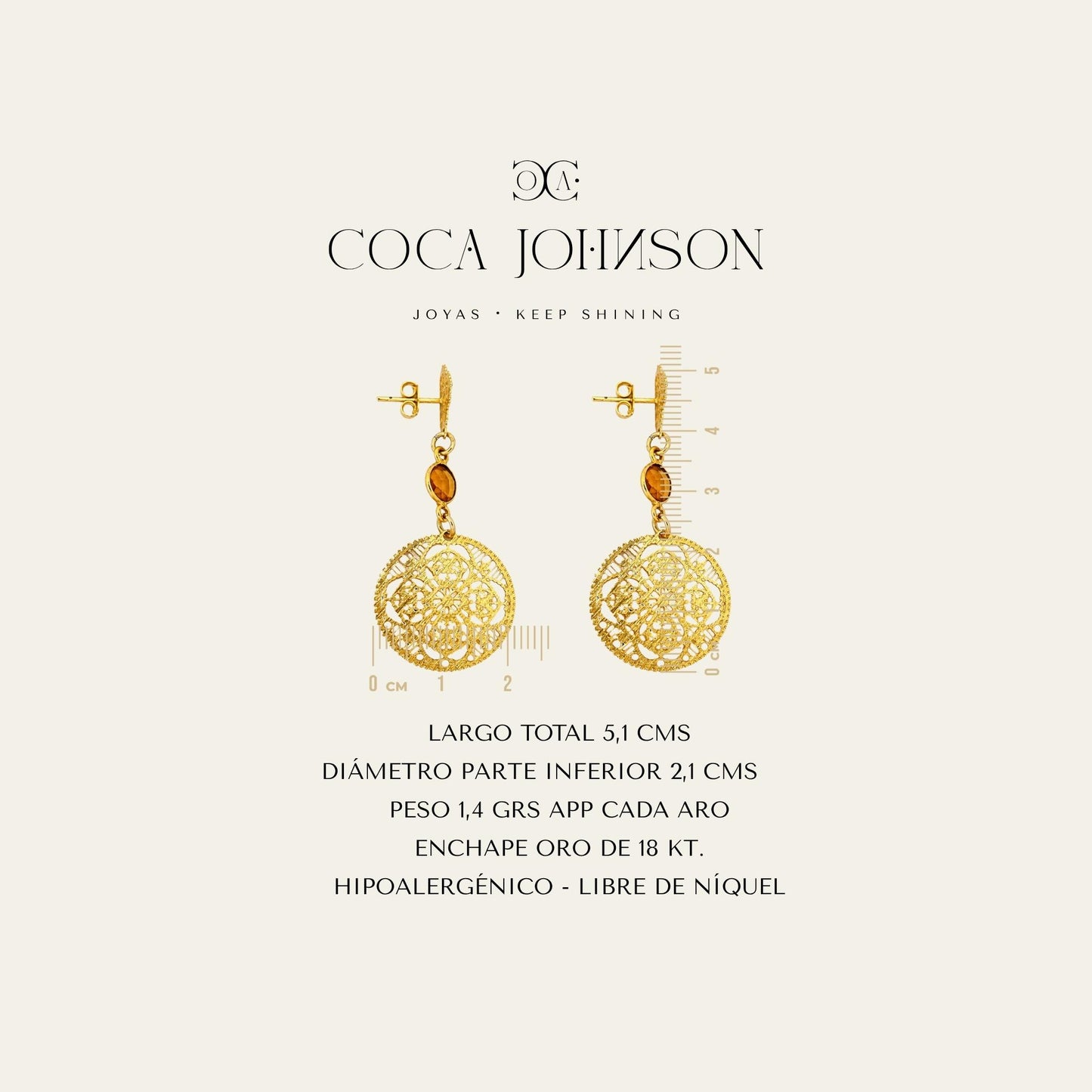 Aros con circunsferencias caladas y citirino R, enchapado en oro 18 kt, resumen de caracteristicas tecnicas - Coca Johnson Joyas - Chile