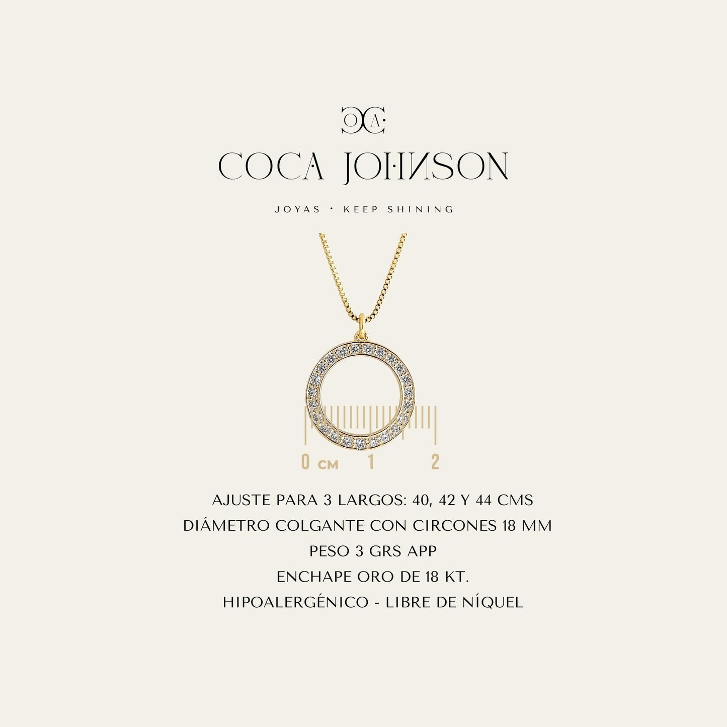 Collar_cadena enchapada en oro 18 Kt, colagante de circunsferencia con circones _Ficha Tecnica resumen - Coca Johnson Joyas - Chile