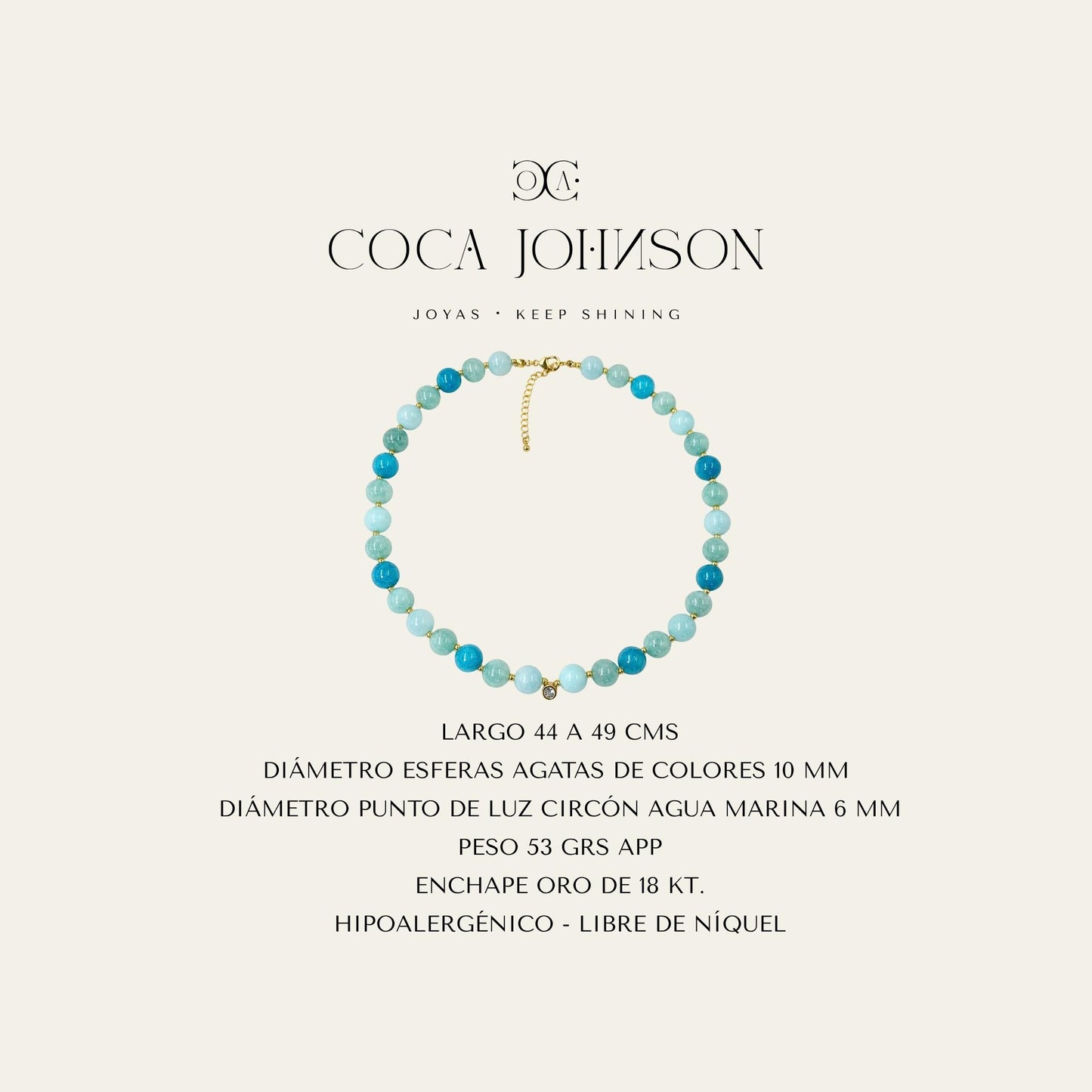 Collar con agatas de colores aqua enchapado en oro de 18 kt, ficha tecnica resumen - Coca Johnson Joyas - Chile