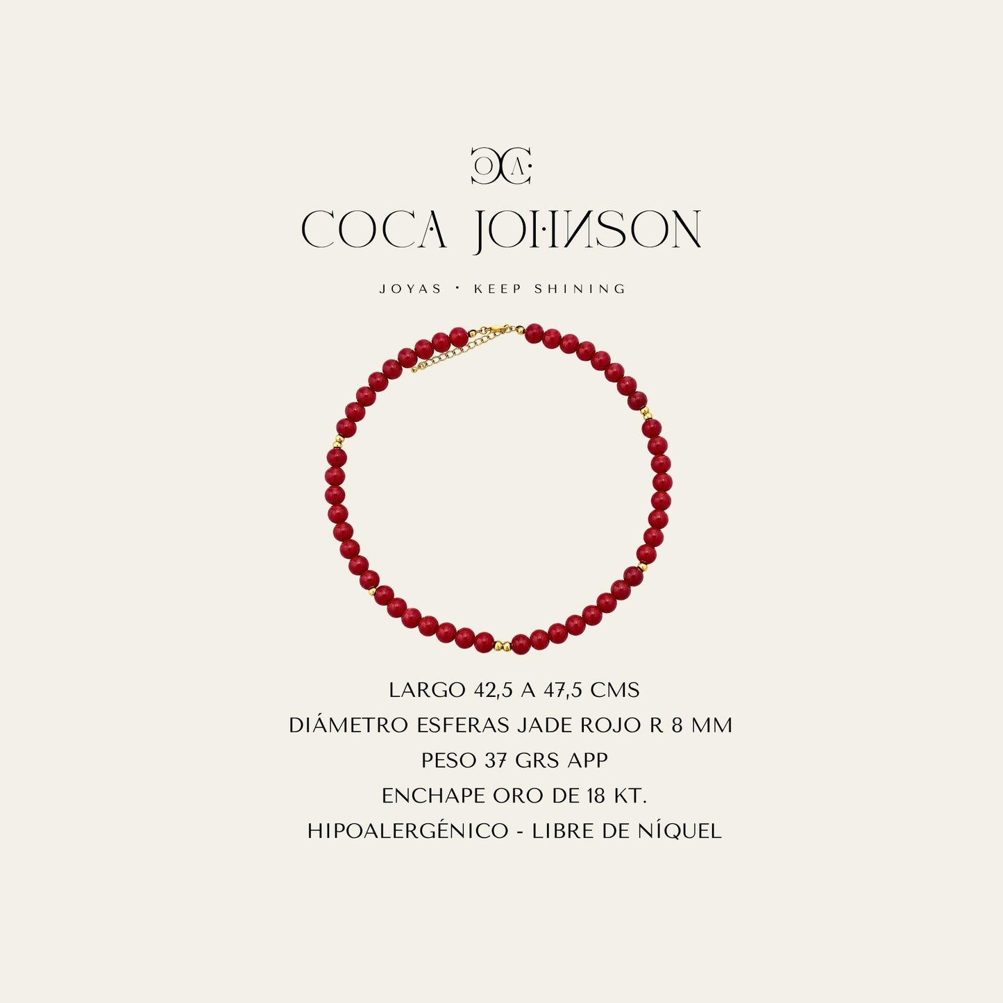 Collar con jade r rojo y esferasenchapado en oro de 18 kt, ficha tecnica resumen - Coca Johnson Joyas - Chile