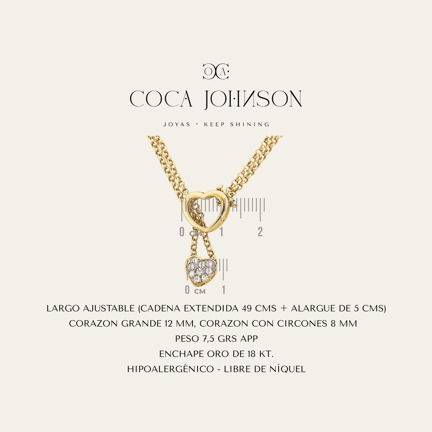 Collar con doble corazón y circones, enchapado en oro 18 kt ficha tecnica resumen - Coca Johnson Joyas - Chile