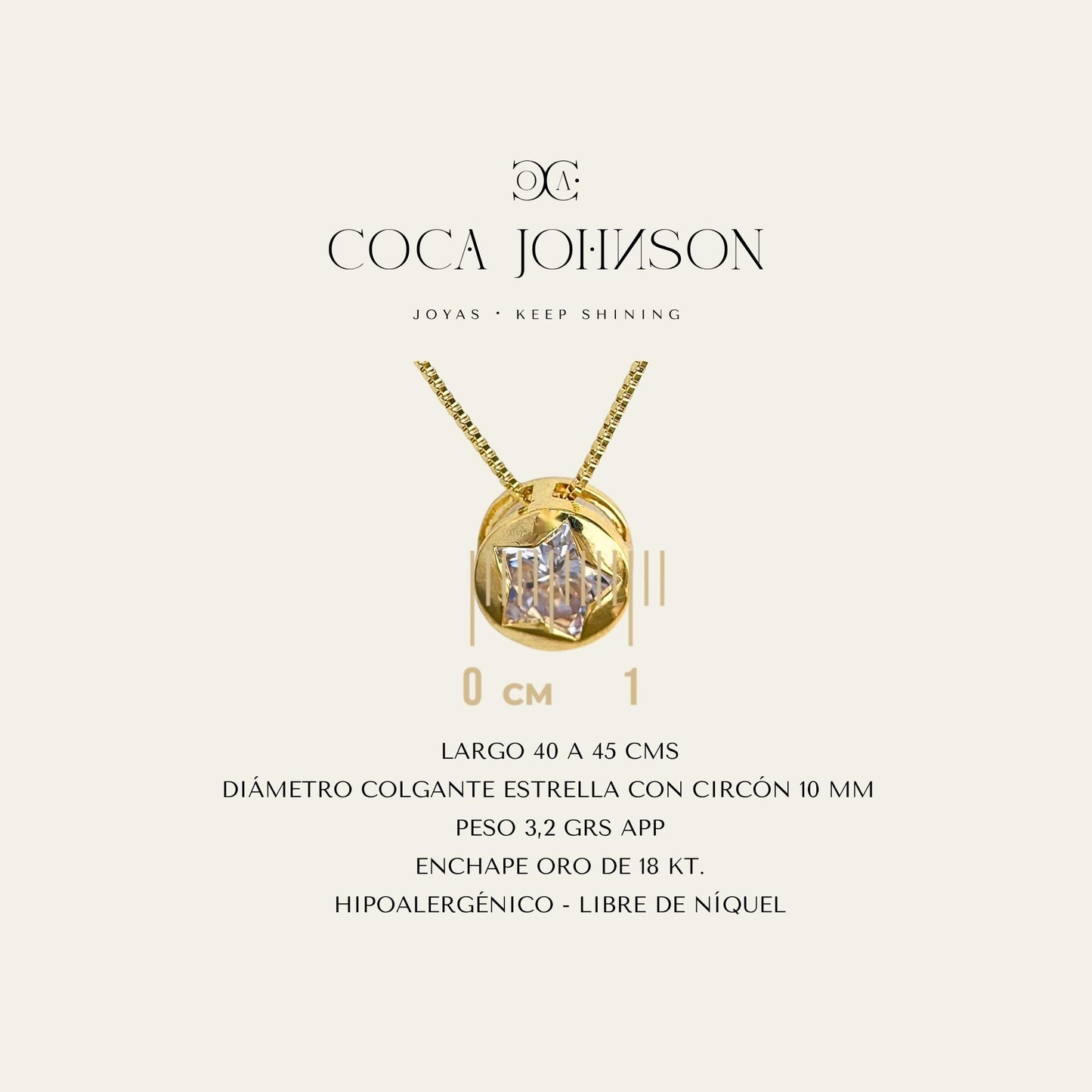 Collar_cadena enchapada en oro 18 Kt, colagante de circon con forma de estrella enchapado en oro de 18 Kt _Ficha Tecnica resumen - Coca Johnson Joyas - Chile