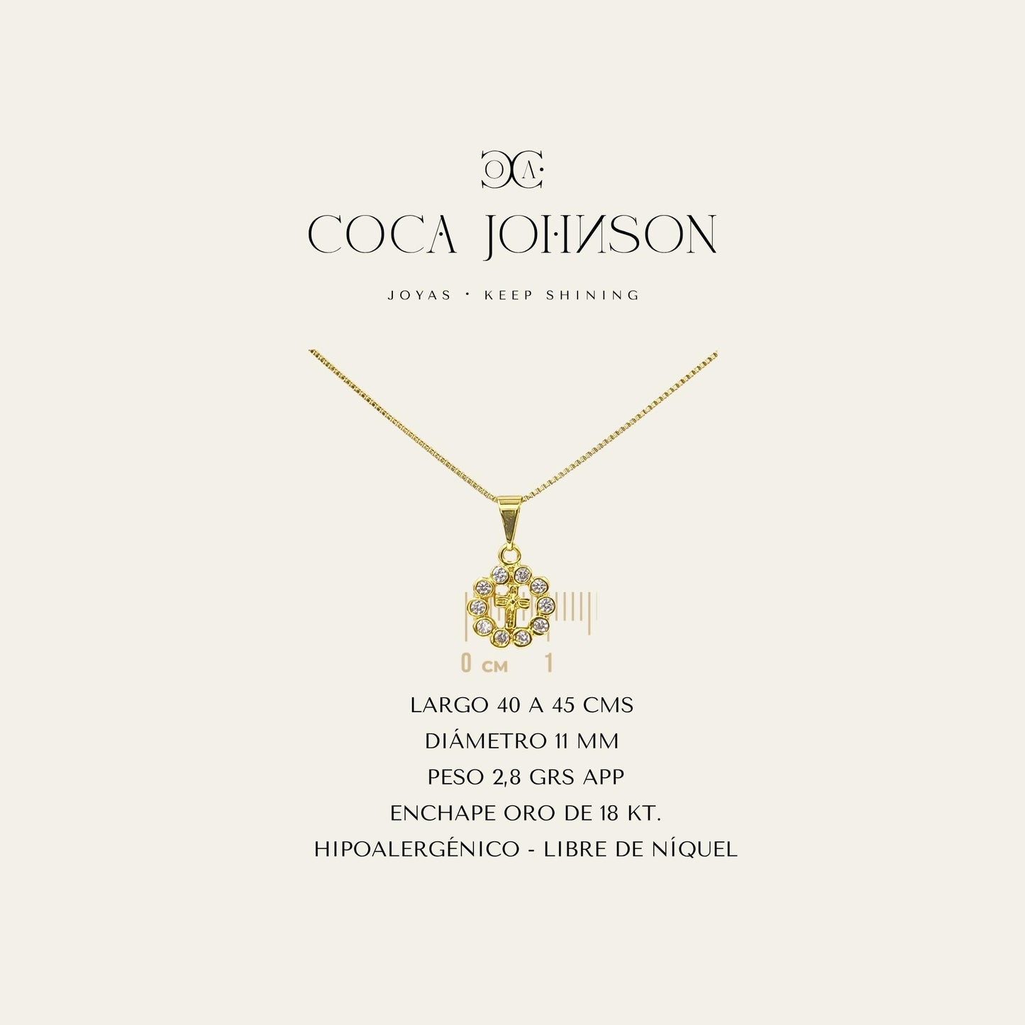 Collar_cadena enchapada en oro 18 Kt, colagante con cruz rodeada de circones_Ficha Tecnica resumen - Coca Johnson Joyas - Chile