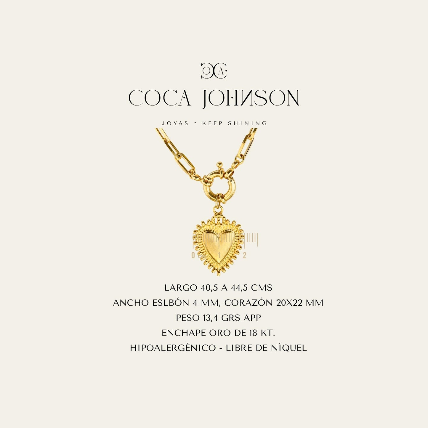 Collar de eslabones enchapado en oro de 18 Kt y colgante de corazón detente enchapado en oro de 18 kt, Ficha Tecnica resumen - Coca Johnson Joyas - Chile