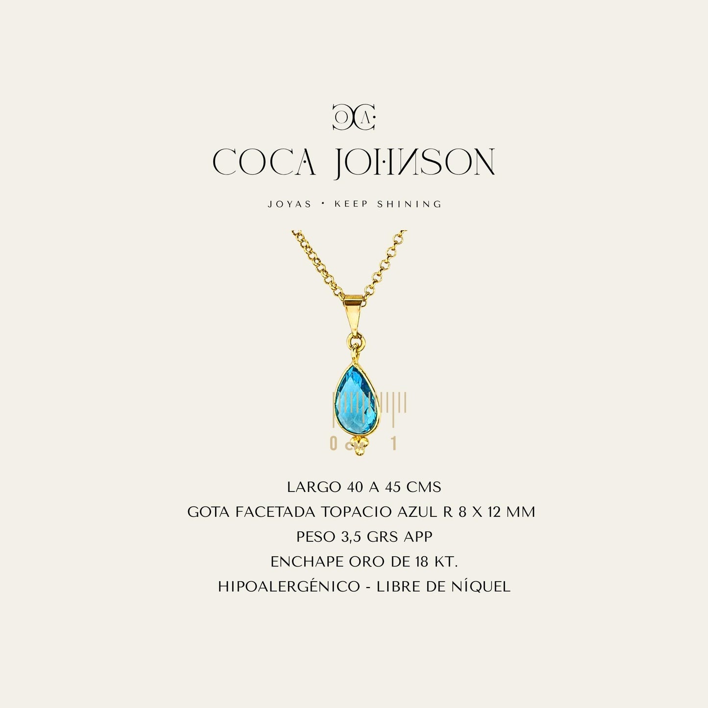 Collar_cadena enchapada en oro18 Kt, gota facetada azul claro_Ficha Tecnica resumen - Coca Johnson Joyas - Chile