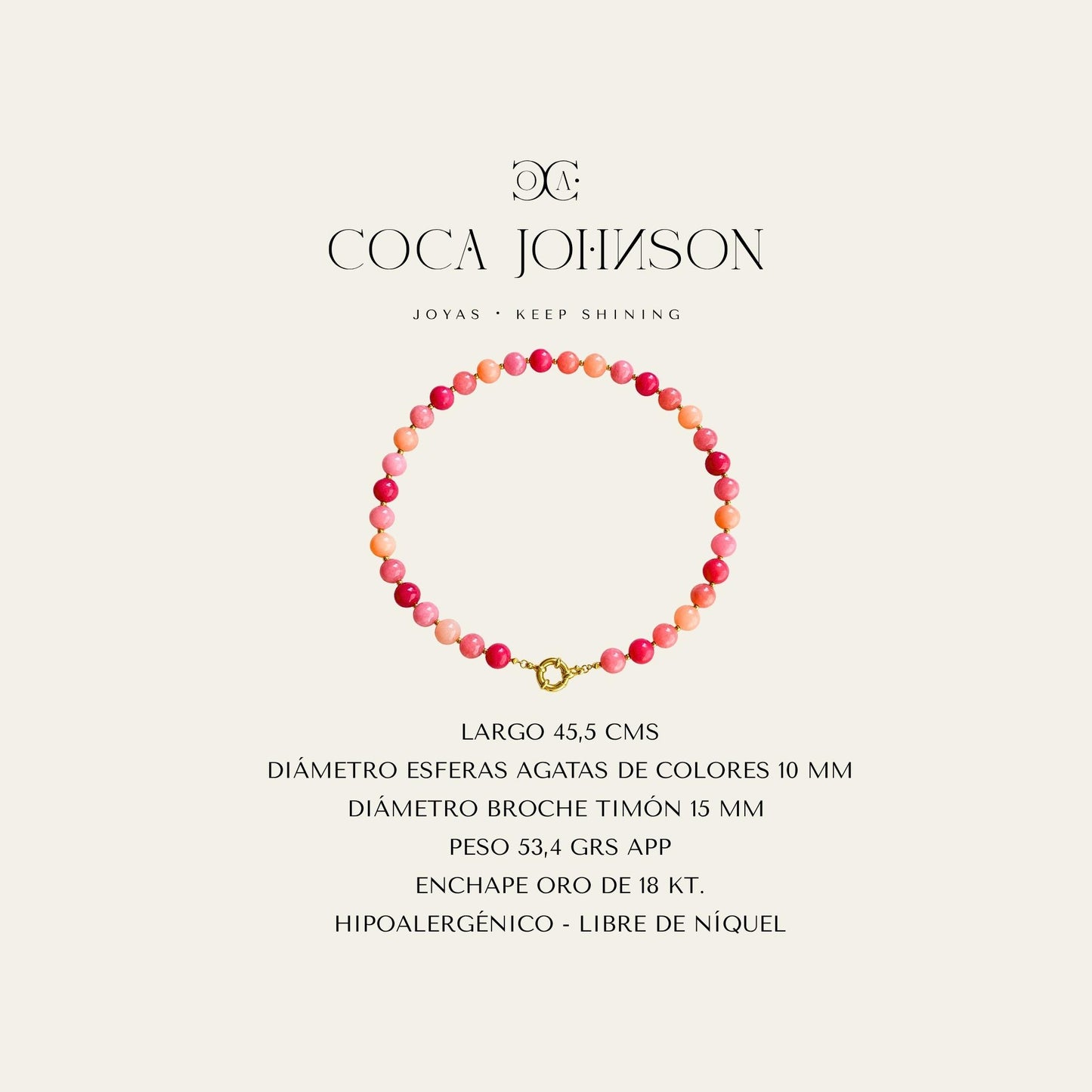 Collar con agatas de colores peonies enchapado en oro de 18 kt, ficha tecnica resumen - Coca Johnson Joyas - Chile