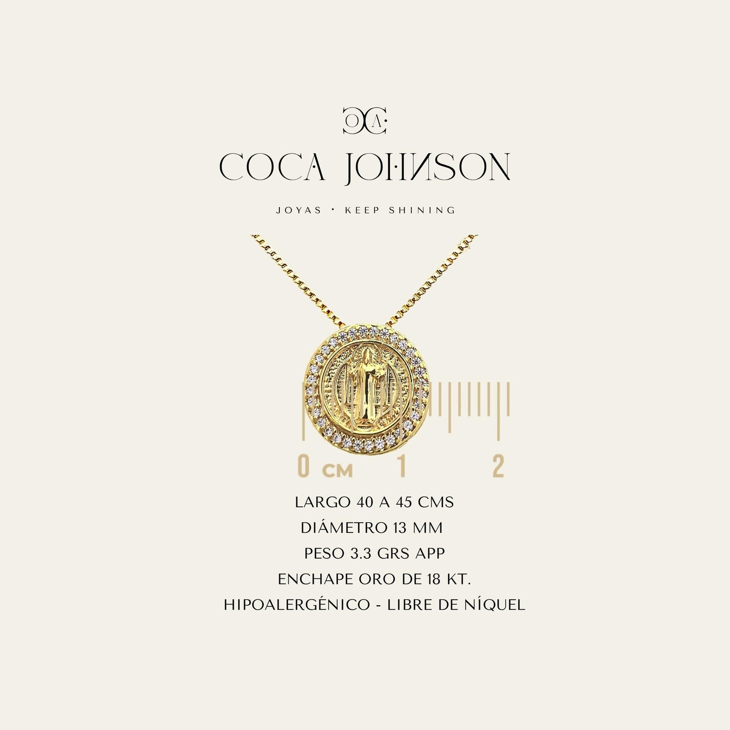 Collar_cadena enchapada en oro 18 Kt, colagante con San Benito rodeado de circones_Ficha Tecnica resumen - Coca Johnson Joyas - Chile