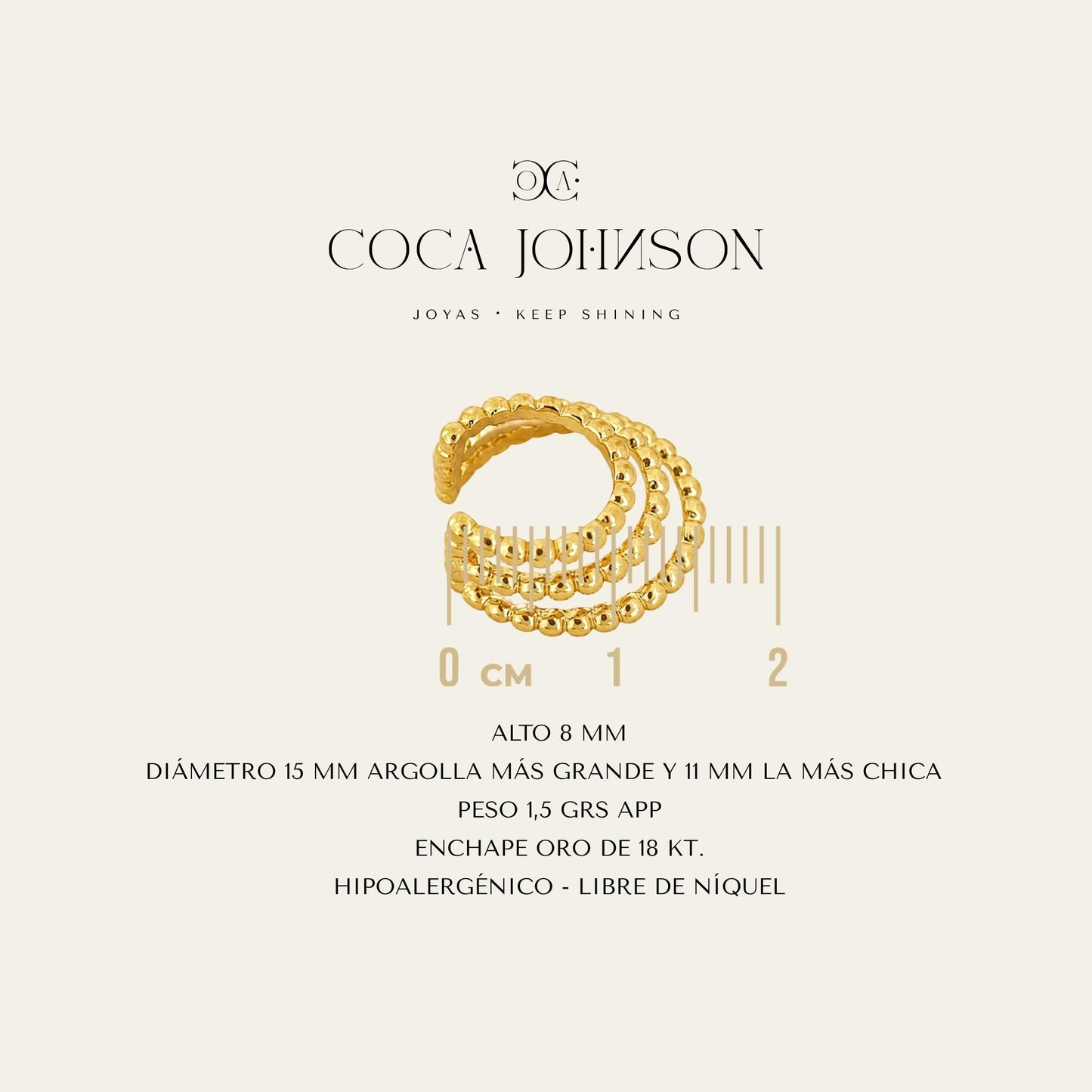 Ear cuff de tres corridas enchapado en oro de 18 kt, resumen de caracteristicas tecnicas - Coca Johnson Joyas - Chile