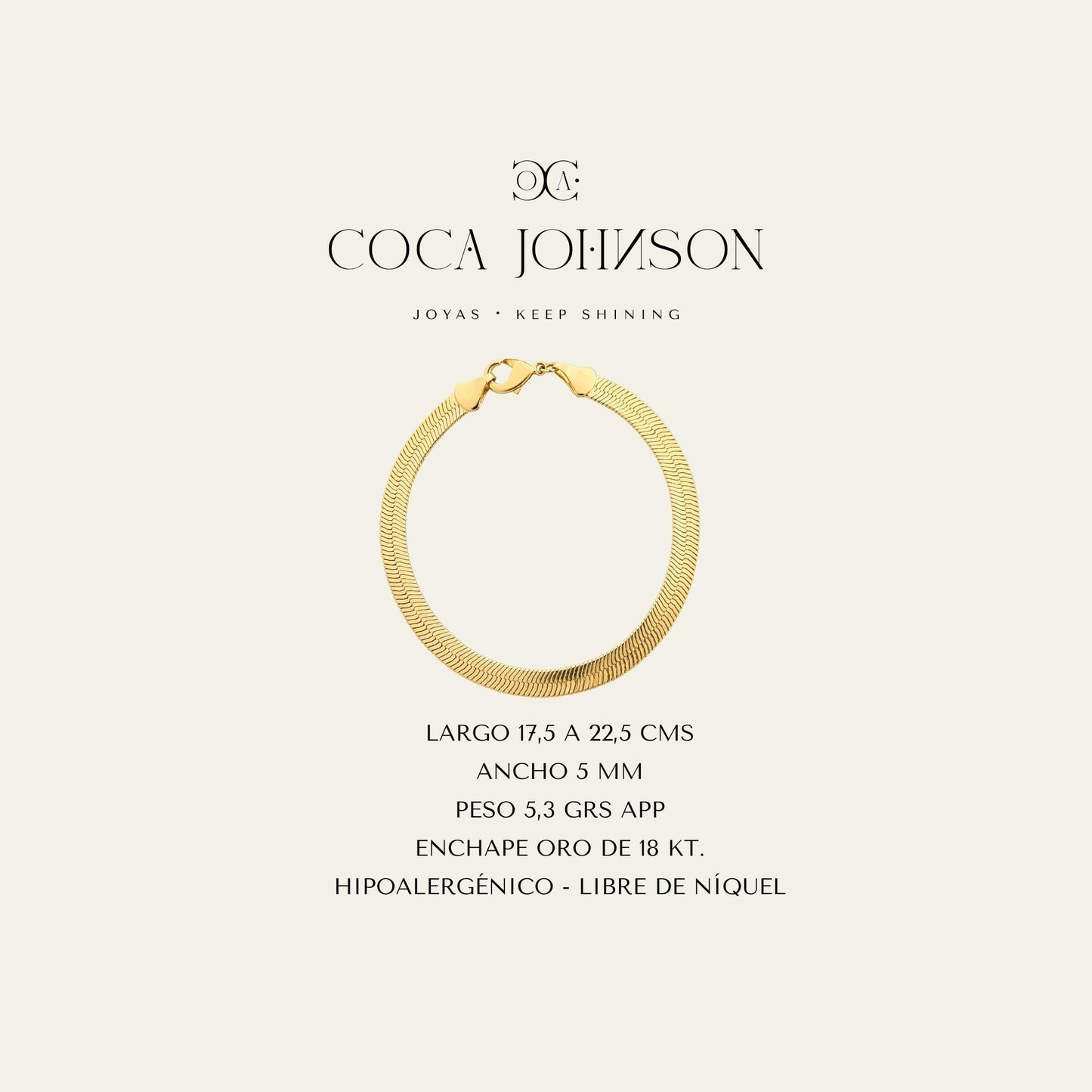 Ficha tecnica de pulsera de cinta gruesa enchapada en oro de 18kt- Coca Johnson Joyas - Chile
