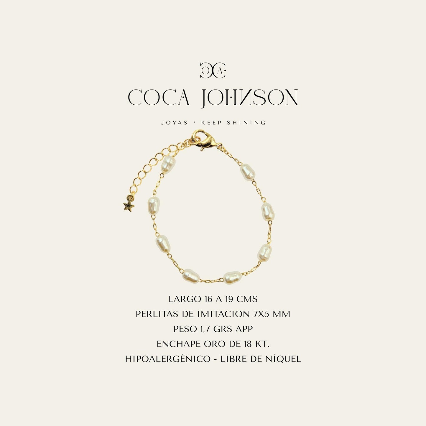 Ficha tecnica resumen para pulsera de perlitas enchapada en oro de 18kt - Coca Johnson Joyas - Chile