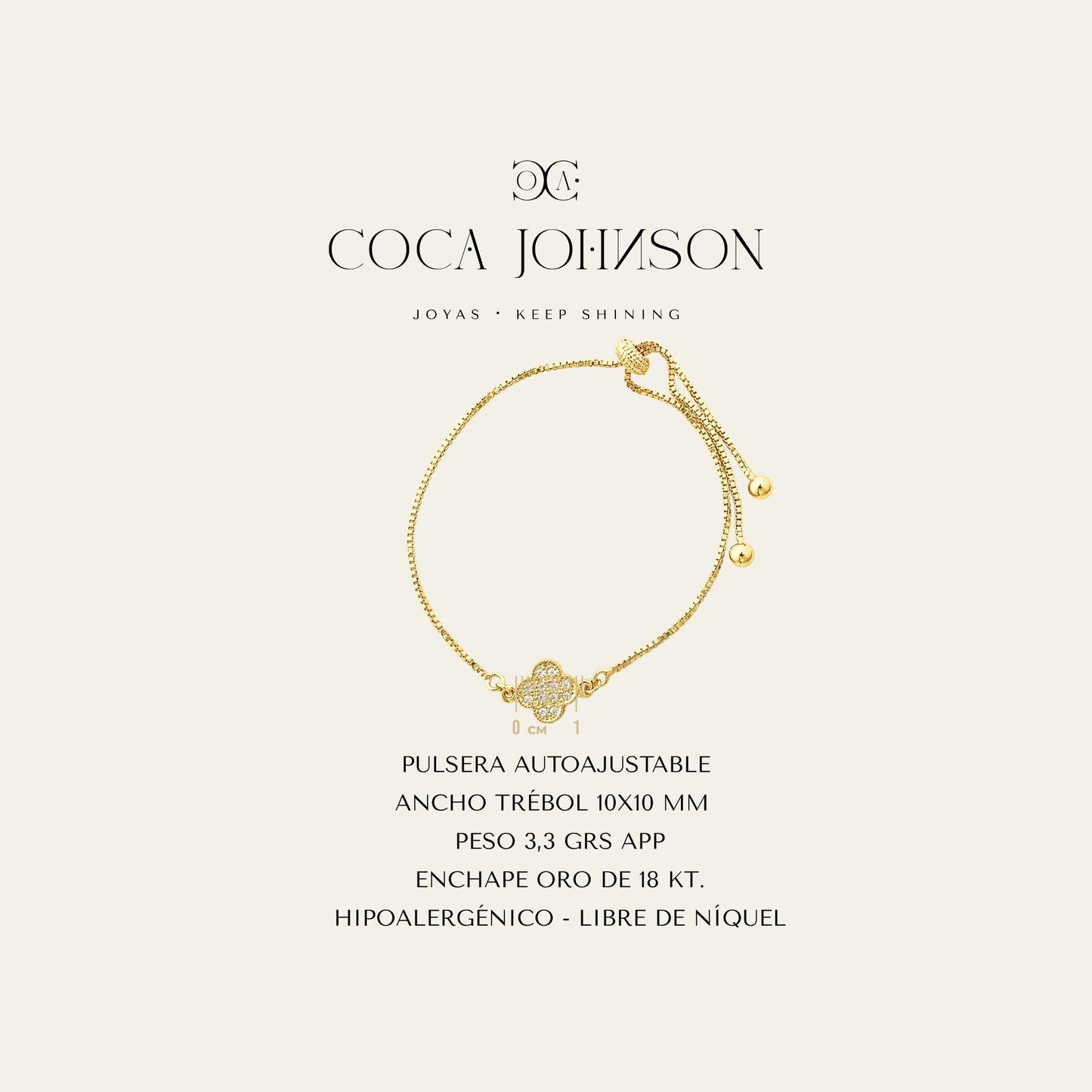 Ficha tecnica de pulsera con trebol y circones, enchapada en oro de 18kt- Coca Johnson Joyas - Chile