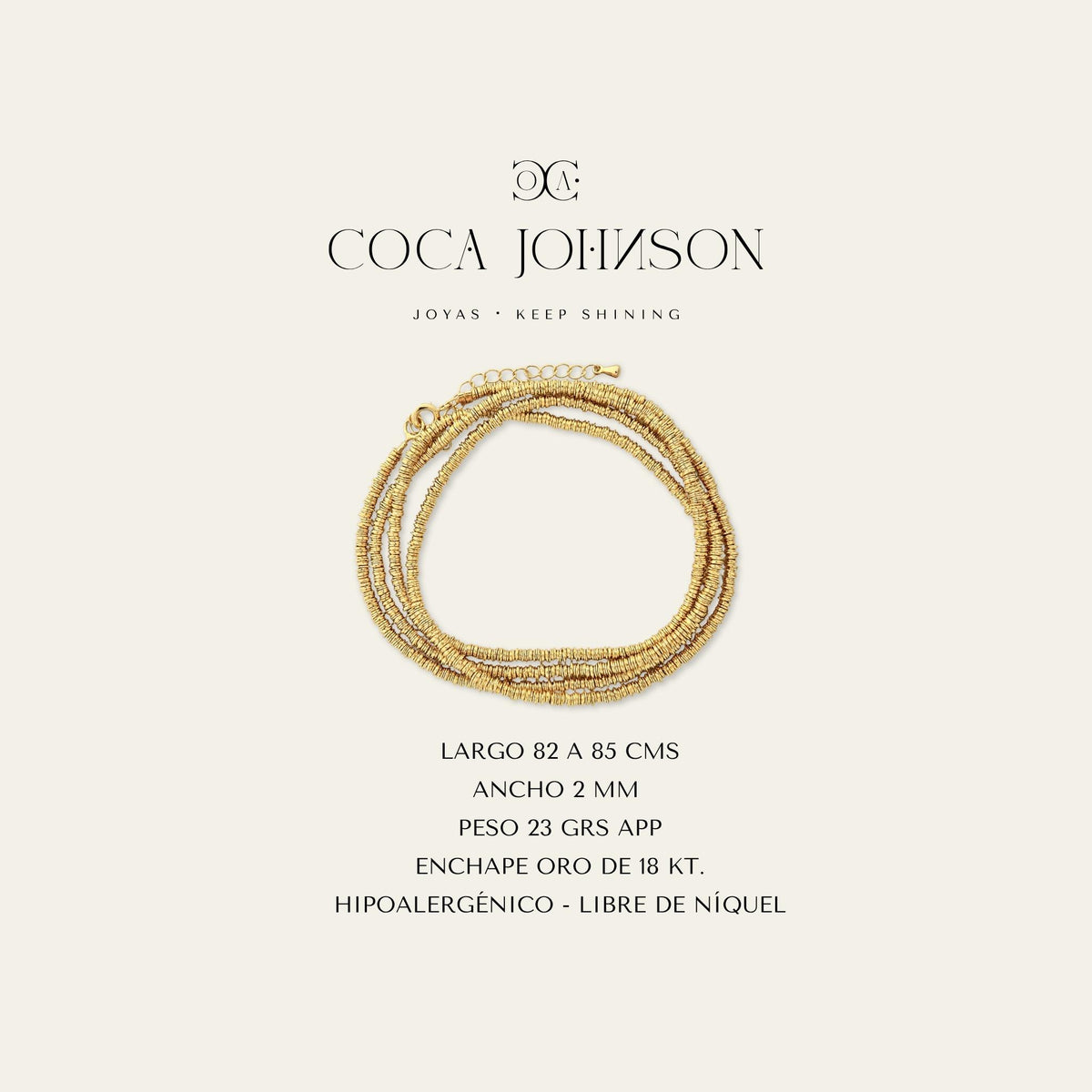 Ficha tecnica con pulsera de argollitas enchapada en oro de 18kt Ficha Tecnica resumen - Coca Johnson Joyas - Chile