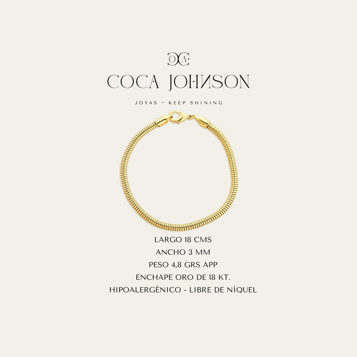 Ficha tecnica de pulsera tipo snake, enchapada en oro de 18kt- Coca Johnson Joyas - Chile