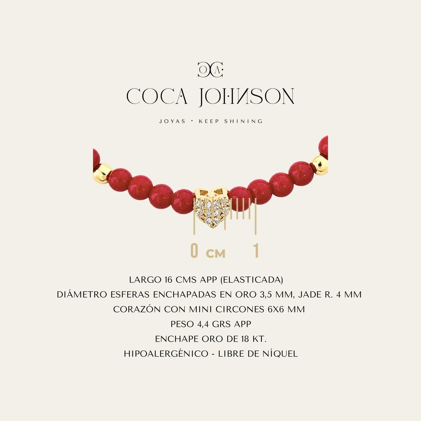 Pulsera de piedra R jade rojo, esferas y corazón con circones enchapados en oro de 18 Kt, Ficha Tecnica resumen - Coca Johnson Joyas - Chile