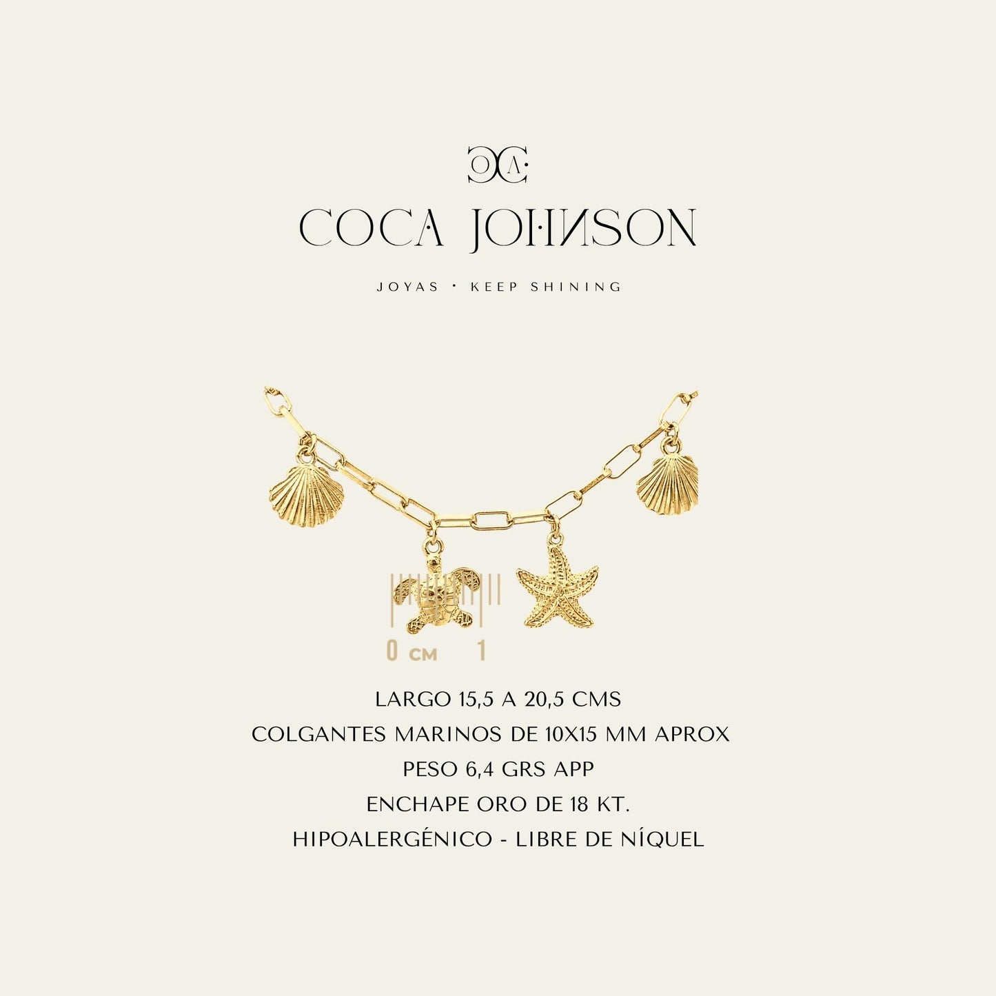 Pulsera de eslabones enchapada en oro de 18 Kt con charms marinos, ficha tecnica resumen - Coca Johnson Joyas - Chile