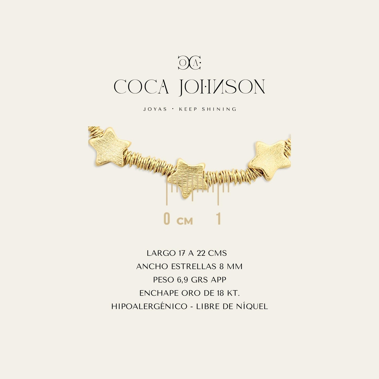 Ficha tecnica de pulsera argollitas con 3 estrellas satinadas, enchapada en oro de 18kt- Coca Johnson Joyas - Chile