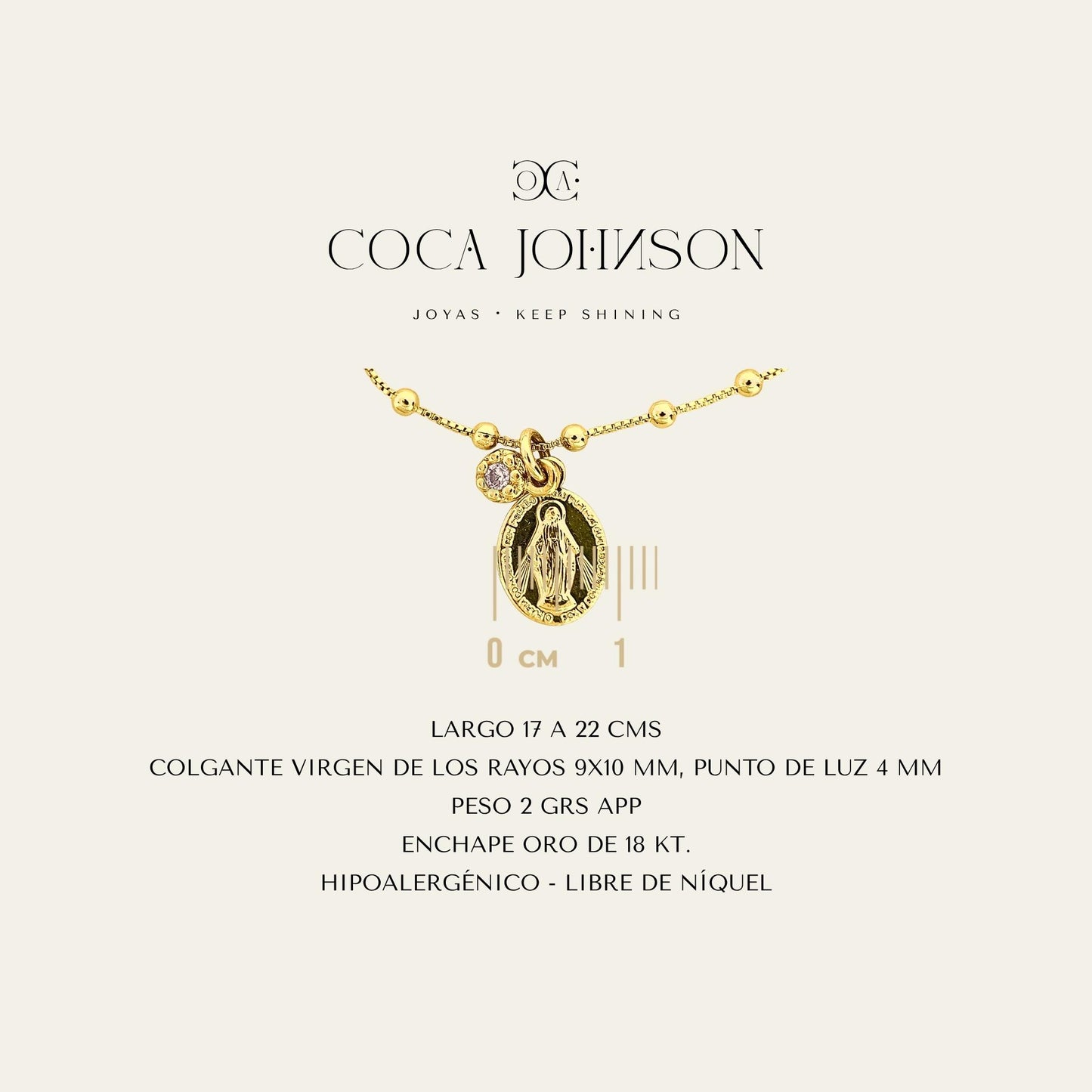 Pulsera enchapada en oro de 18 Kt con colgante de Virgen de los Rayos y circón, Ficha Tecnica resumen - Coca Johnson Joyas - Chile