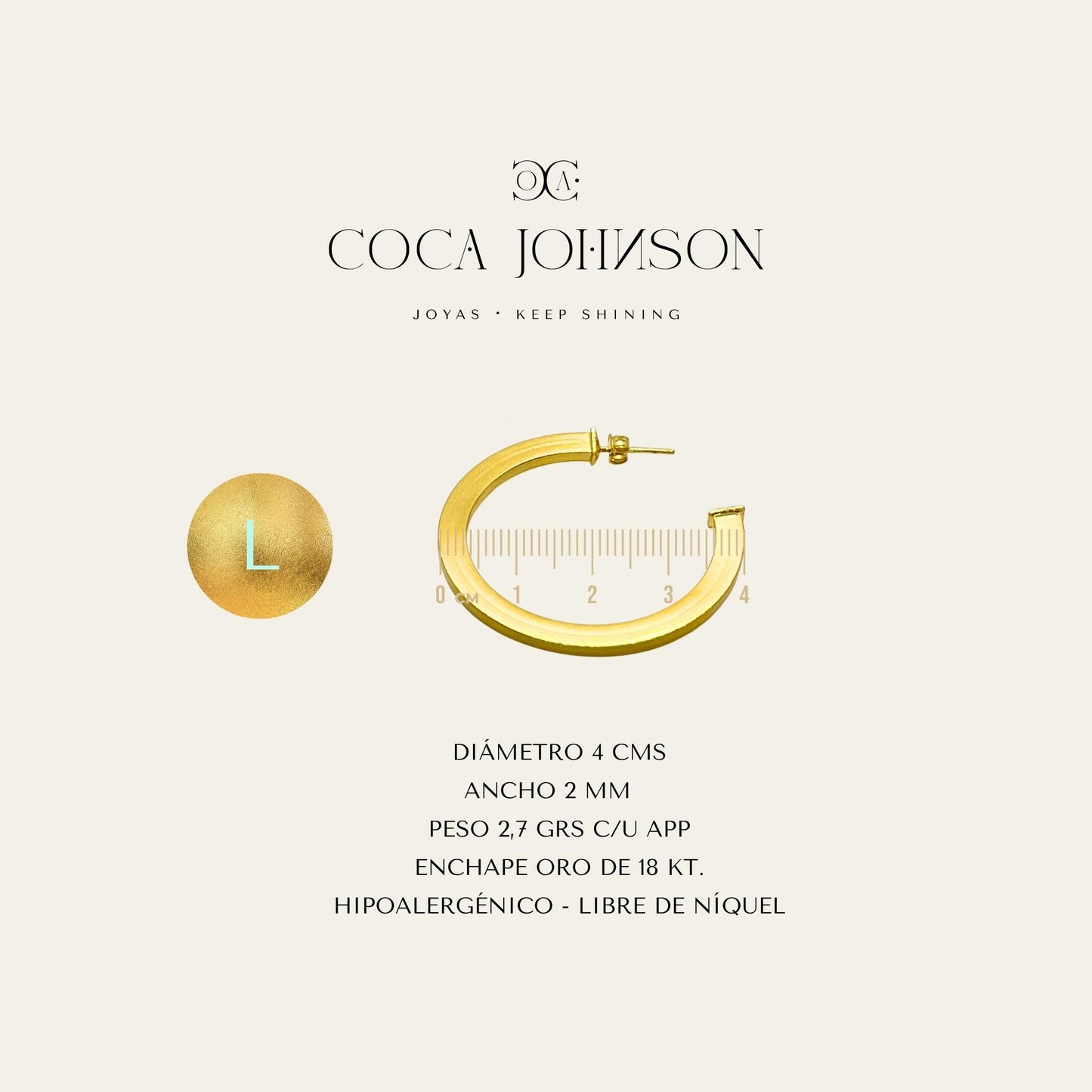 Argollas rectangulares enchapadas en oro de 18 kt, resumen de caracteristicas tecnicas talla L - Coca Johnson Joyas - Chile
