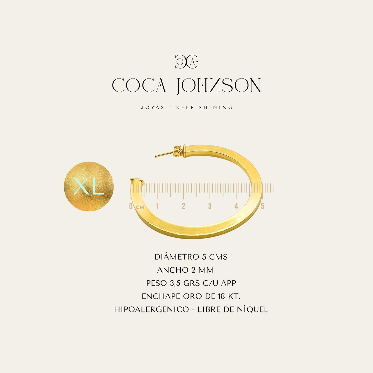 Argollas rectangulares enchapadas en oro de 18 kt, resumen de caracteristicas tecnicas talla XL - Coca Johnson Joyas - Chile