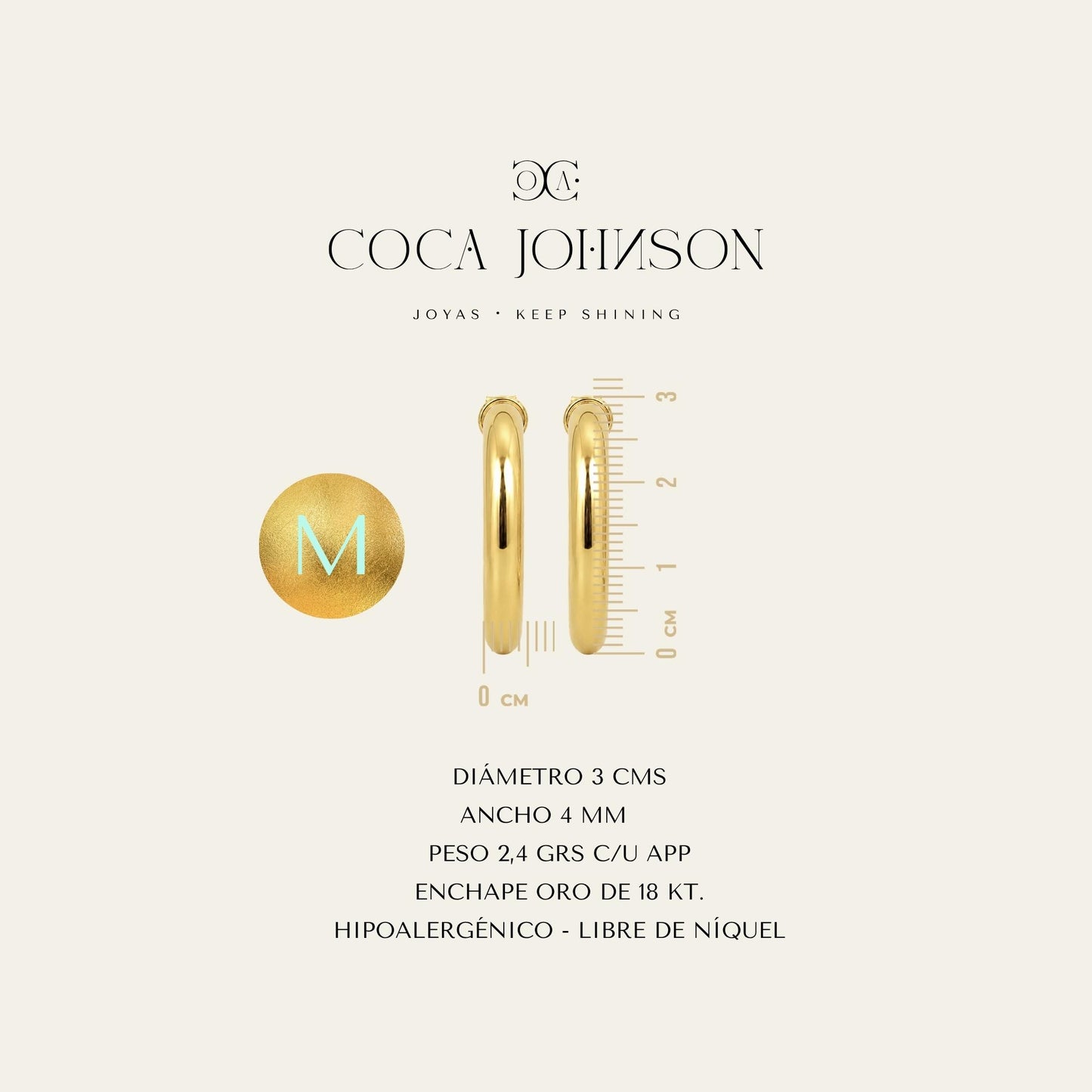 Argollas lisas tubulares enchapadas en oro de 18 kt, resumen de caracteristicas tecnicas talla M - Coca Johnson Joyas - Chile