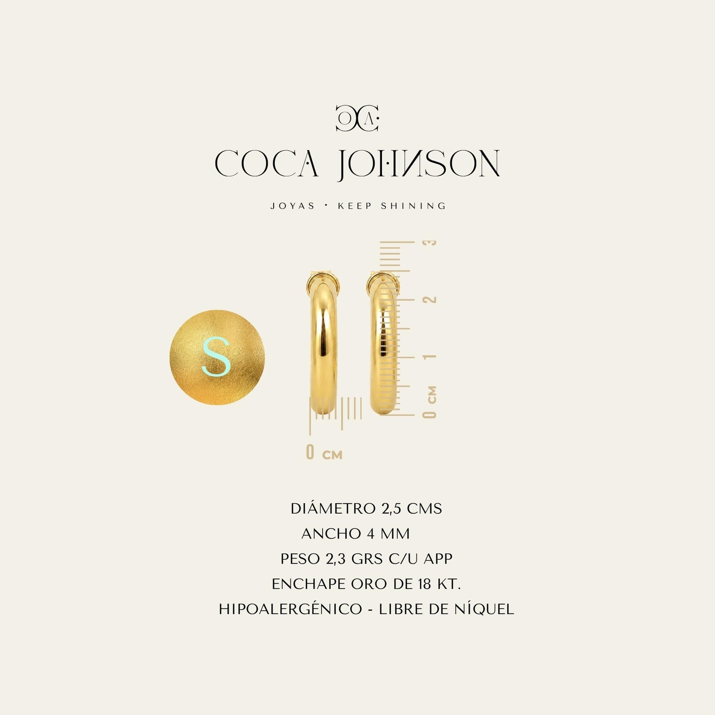 Argollas lisas tubulares enchapadas en oro de 18 kt, resumen de caracteristicas tecnicas talla S - Coca Johnson Joyas - Chile