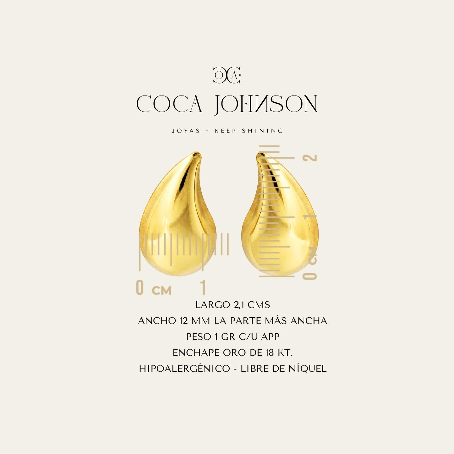 Aros con forma de gota, enchapados en oro de 18 kt, resumen de caracteristicas tecnicas - Coca Johnson Joyas - Chile