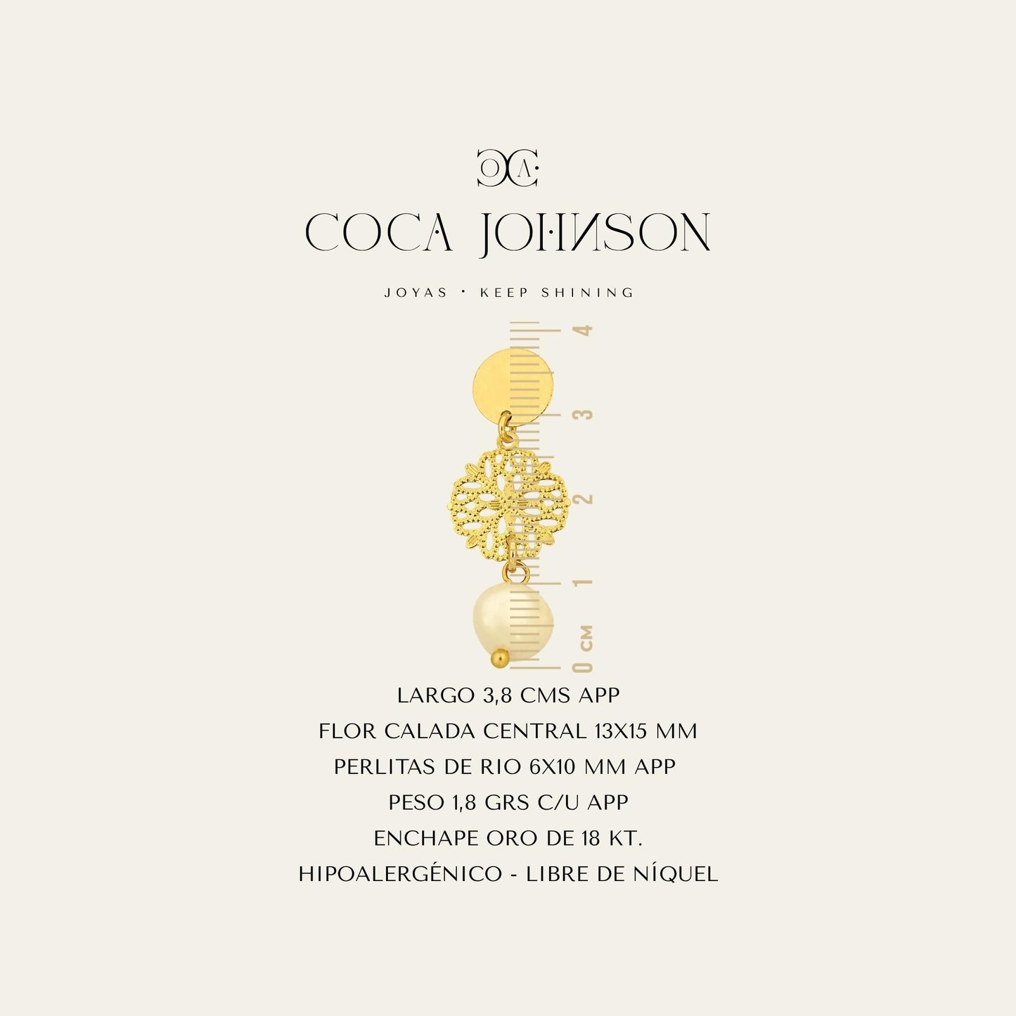 Aros con flor calada encapado en oro y perlas de río, resumen de caracteristicas tecnicas - Coca Johnson Joyas - Chile