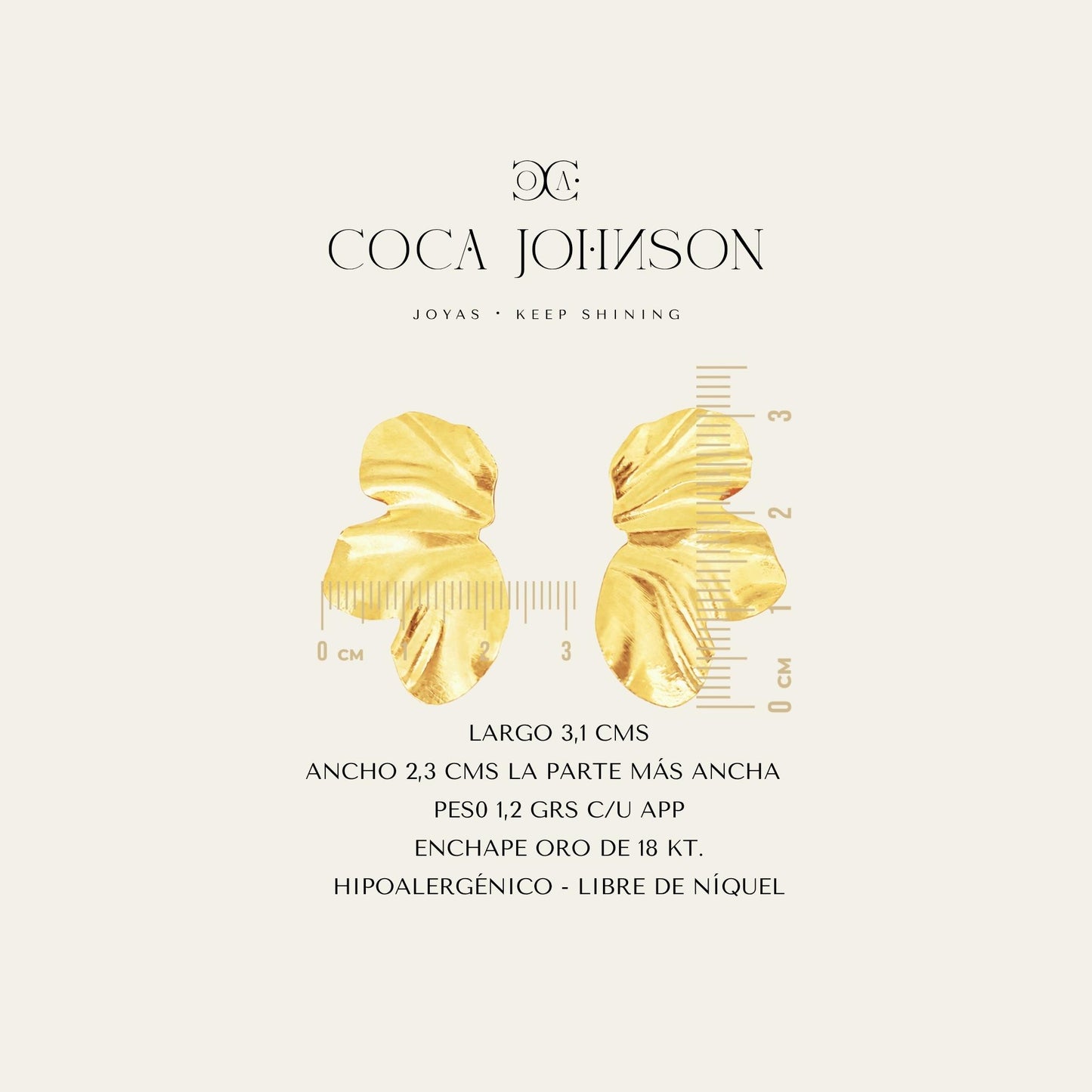 Aros con forma de hojas, enchapado en oro de 18 kt, resumen de caracteristicas tecnicas - Coca Johnson Joyas - Chile