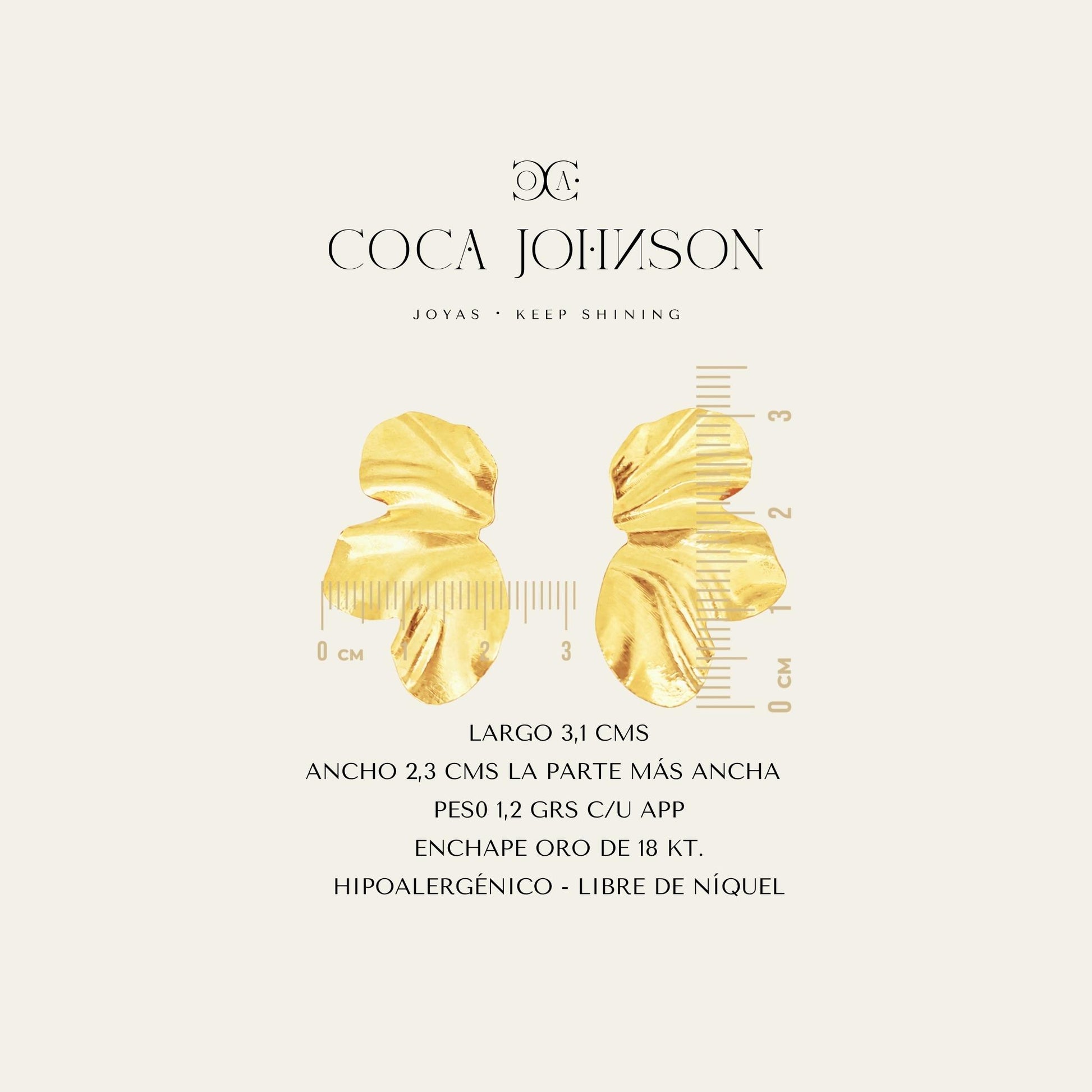 Aros con forma de hojas, enchapado en oro de 18 kt, resumen de caracteristicas tecnicas - Coca Johnson Joyas - Chile