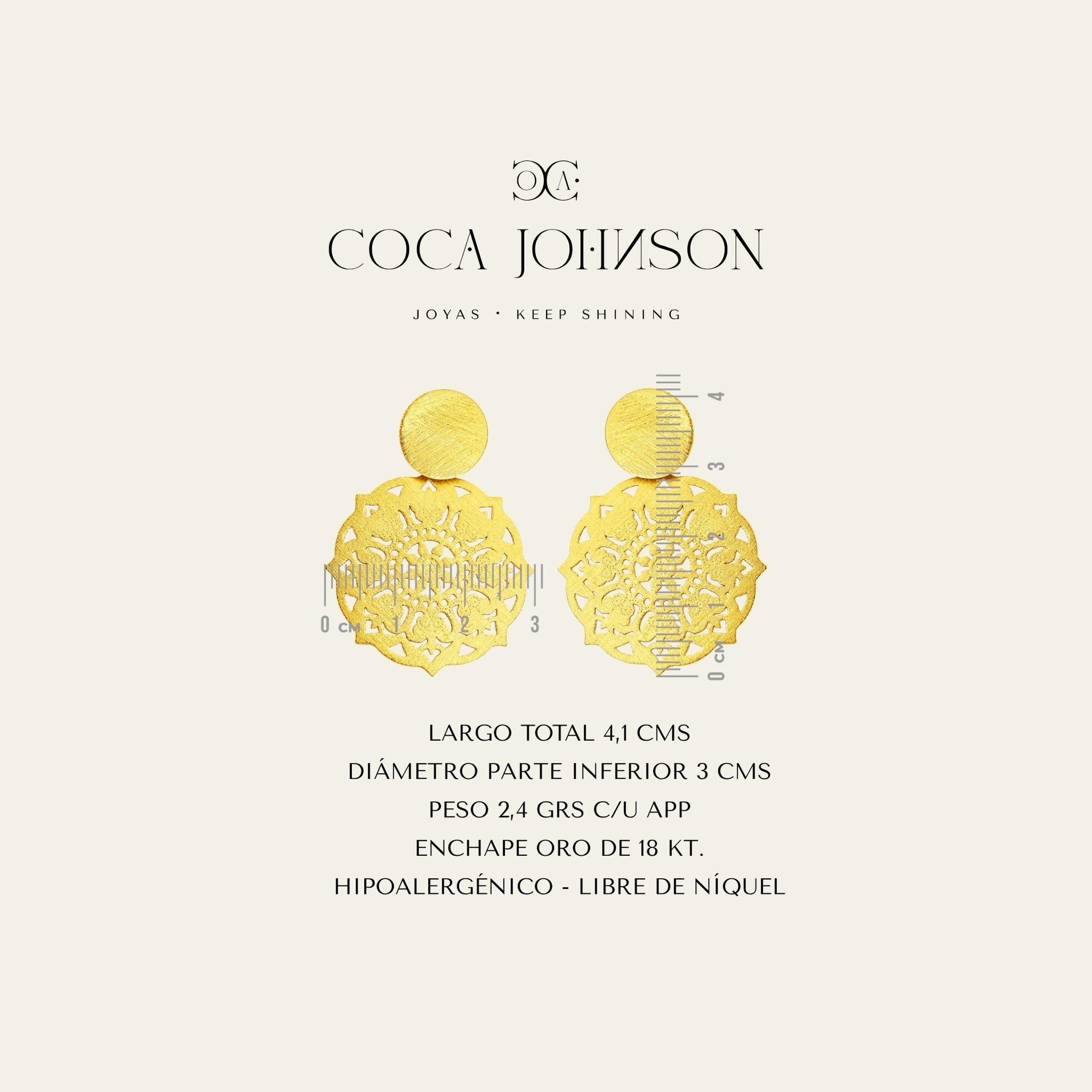 Aros femeninos con look bohemio, enchapados en oro de 18 kt, resumen de caracteristicas tecnicas - Coca Johnson Joyas - Chile