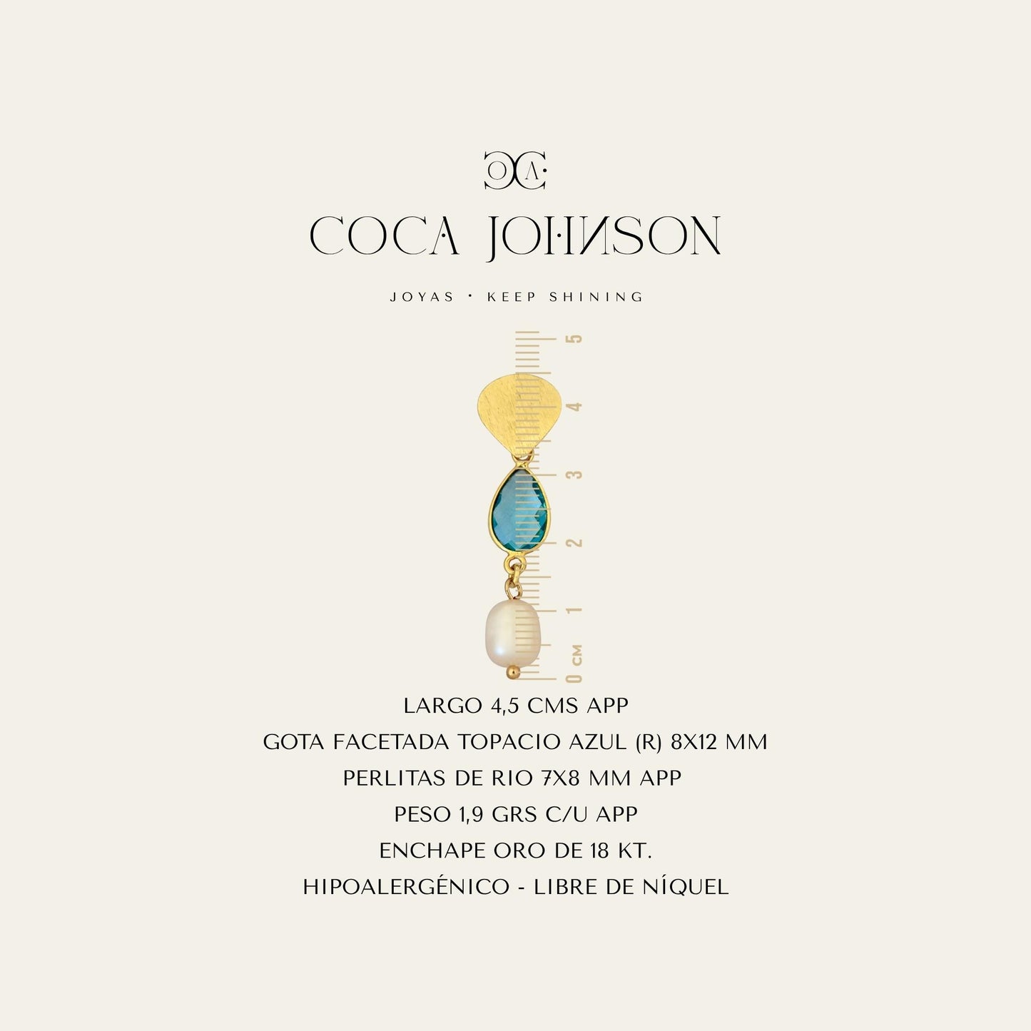 Aros con gota color topacio azul suizo, perlitas de rio y base satinada enchapada oro 18k. resumen de caracteristicas tecnicas - Coca Johnson Joyas - Chile