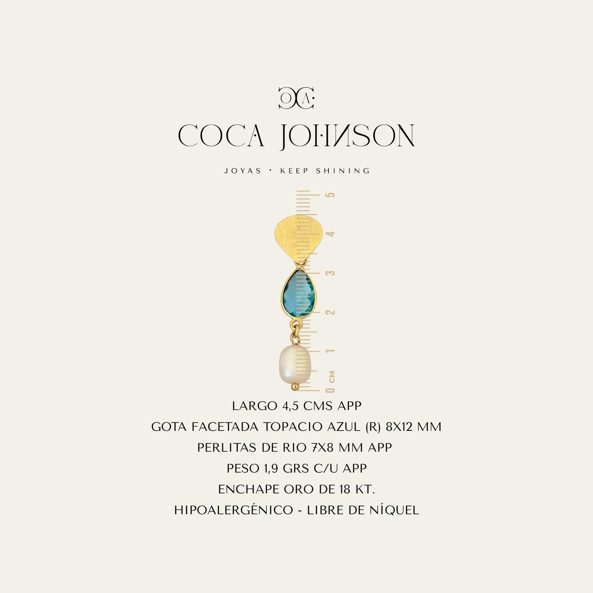 Aros con gota color topacio azul suizo, perlitas de rio y base satinada enchapada oro 18k. resumen de caracteristicas tecnicas - Coca Johnson Joyas - Chile