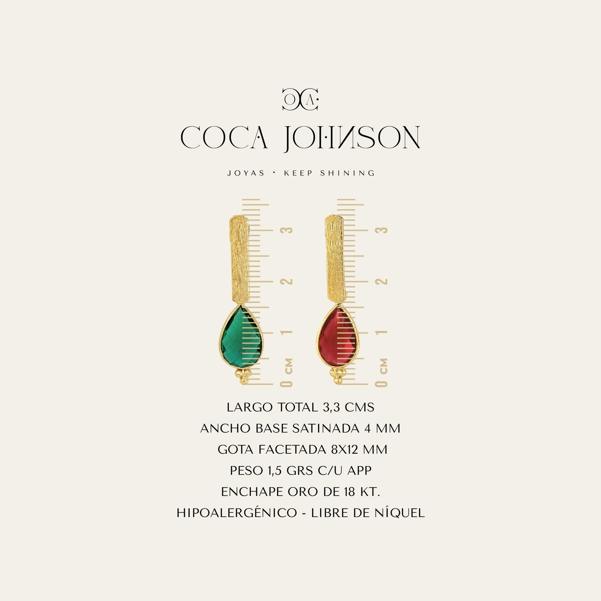 Aros con soporte de palito satinado enchapado en oro de 18 kt con colgante gota facetada en color verde y rojo, resumen de caracteristicas tecnicas - Coca Johnson Joyas - Chile