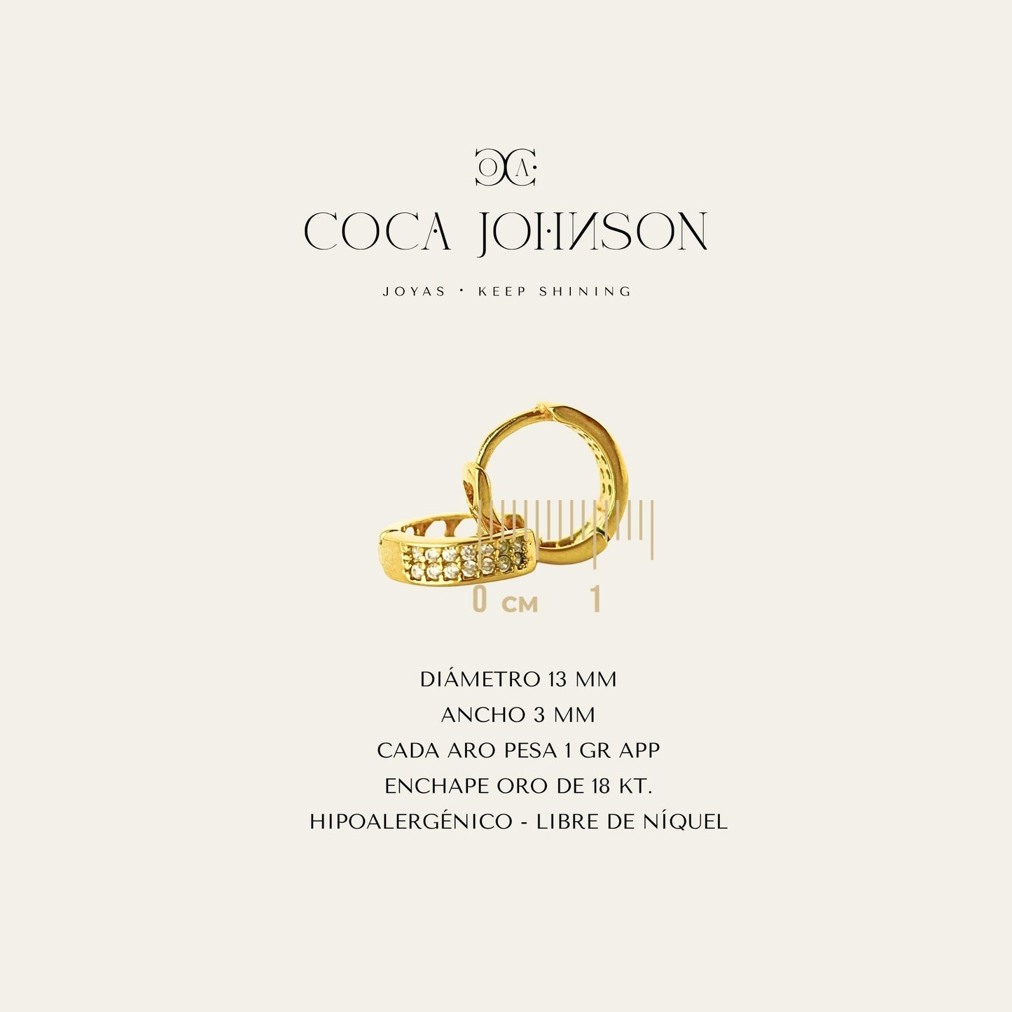 Aros tipo huggies con circones enchapados en oro de 18 kt, caracteristicas tecnicas resumen - Coca Johnson Joyas - Chile