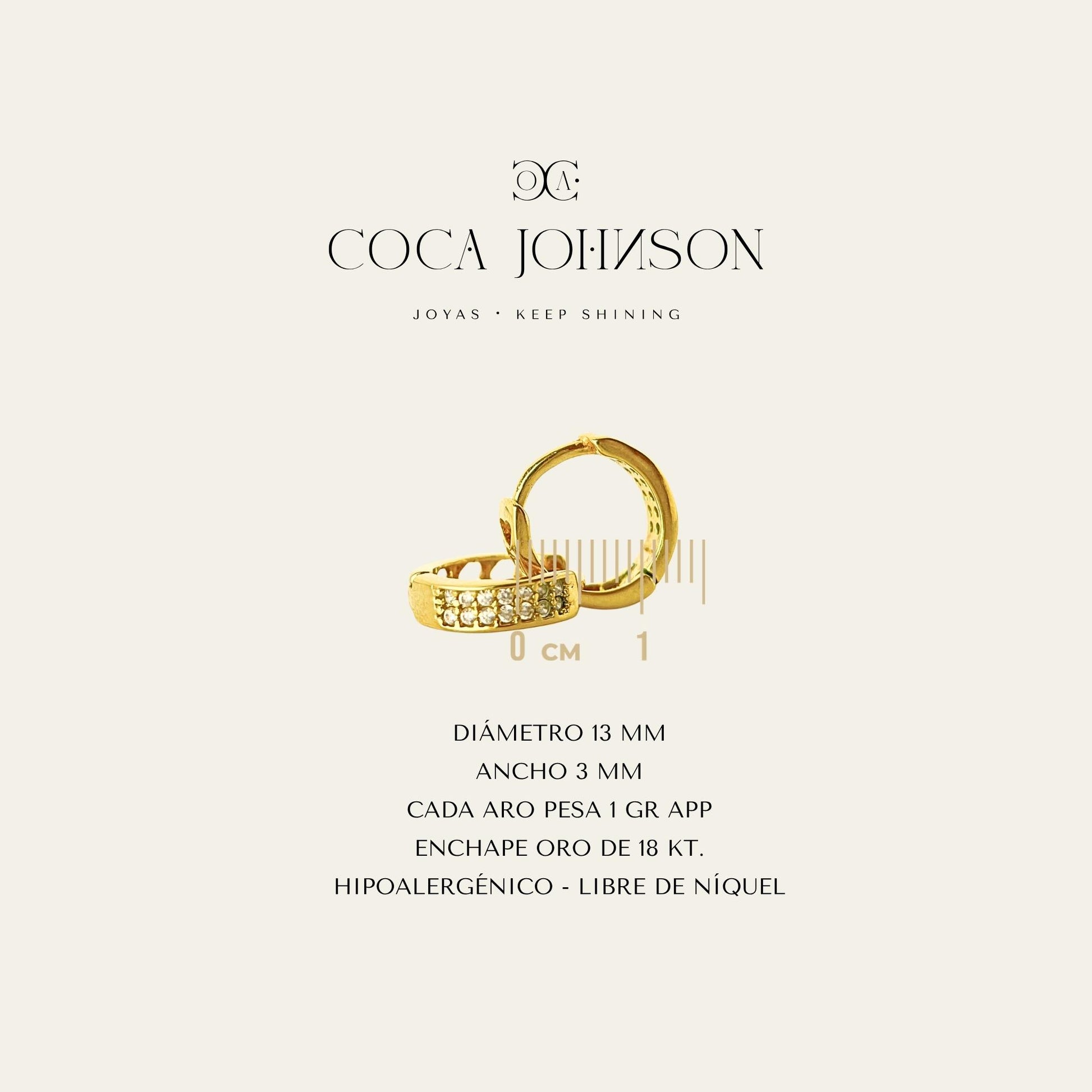 Aros tipo huggies con circones enchapados en oro de 18 kt, caracteristicas tecnicas resumen - Coca Johnson Joyas - Chile