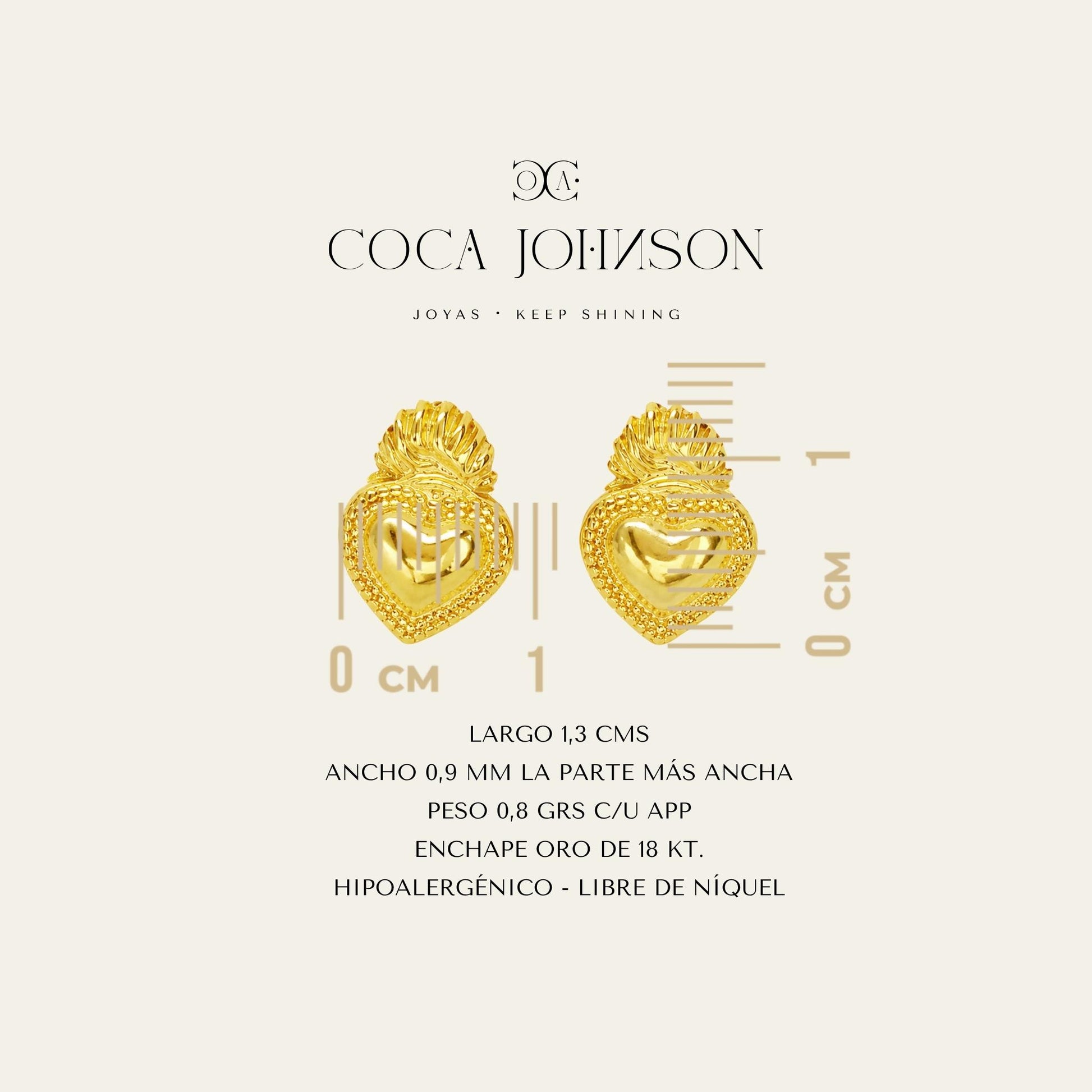 Aros con forma de corazon detente, enchapados en oro de 18 kt, resumen de caracteristicas tecnicas - Coca Johnson Joyas - Chile