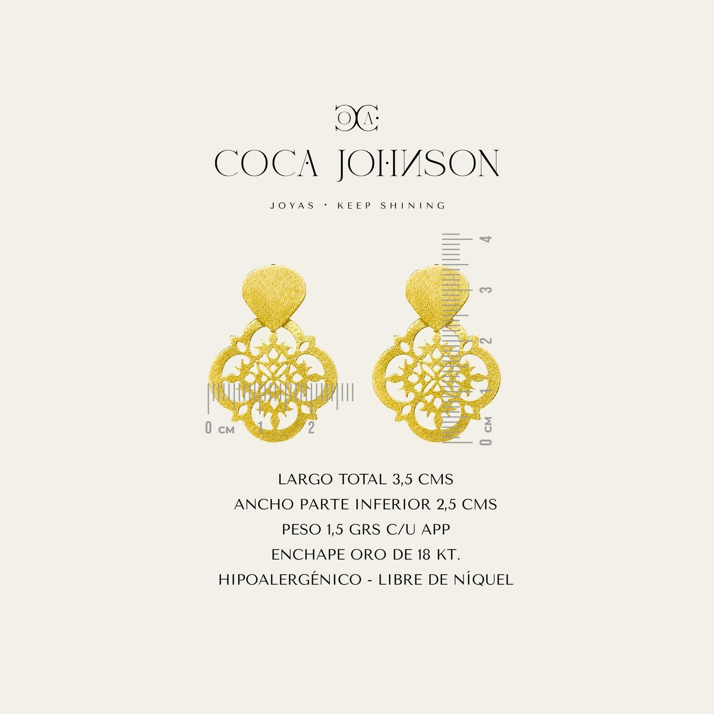 Aros calados, enchapados en oro de 18 kt, resumen de caracteristicas tecnicas - Coca Johnson Joyas - Chile
