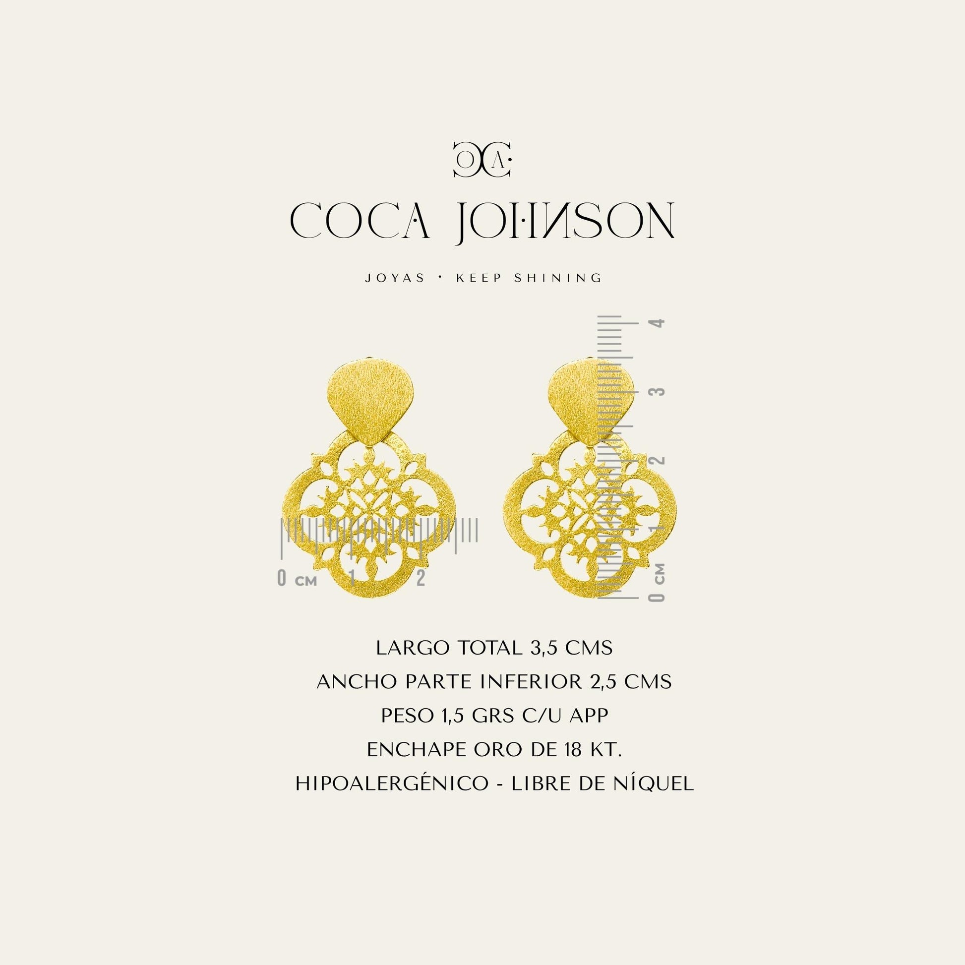 Aros calados, enchapados en oro de 18 kt, resumen de caracteristicas tecnicas - Coca Johnson Joyas - Chile
