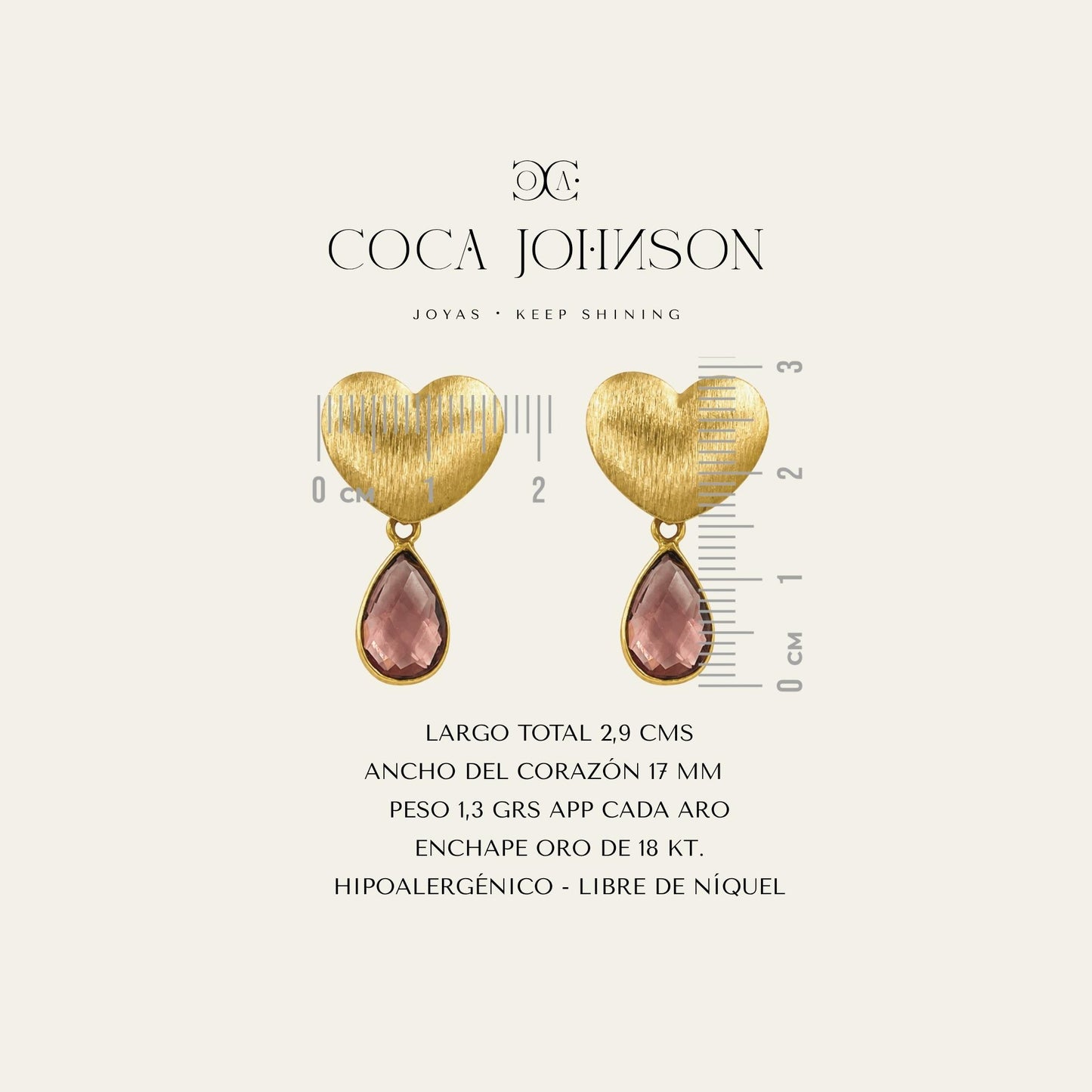 Aros de corazón satinado enchapado en oro de 18 kt y gota R morganita, resumen de caracteristicas tecnicas - Coca Johnson Joyas - Chile