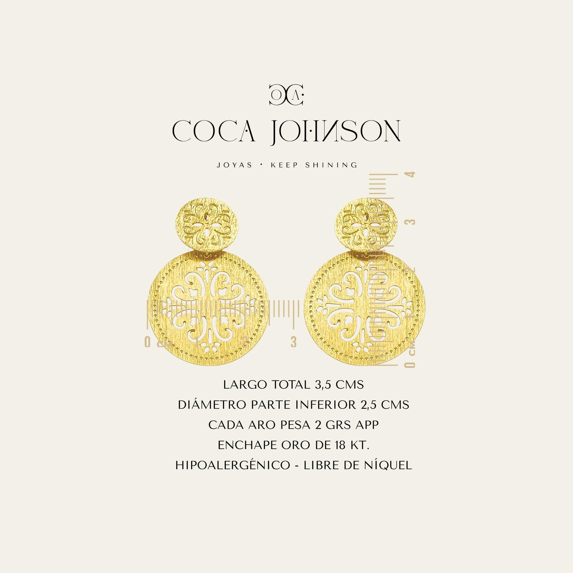Aros calados, enchapados en oro de 18 kt, resumen de caracteristicas tecnicas - Coca Johnson Joyas - Chile