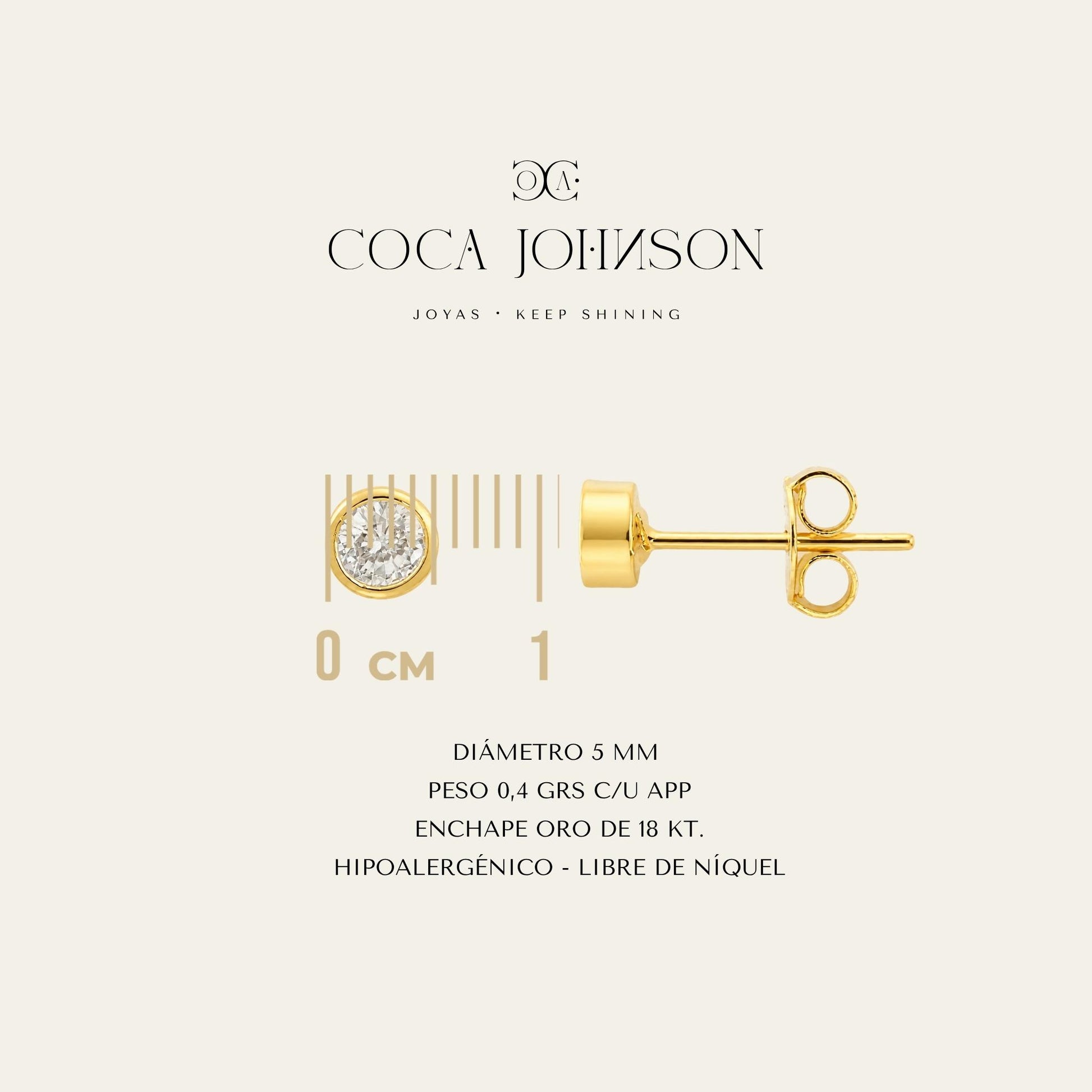 Aros de puntos de luz enchapados en oro de 18 kt, resumen de caracteristicas tecnicas - Coca Johnson Joyas - Chile
