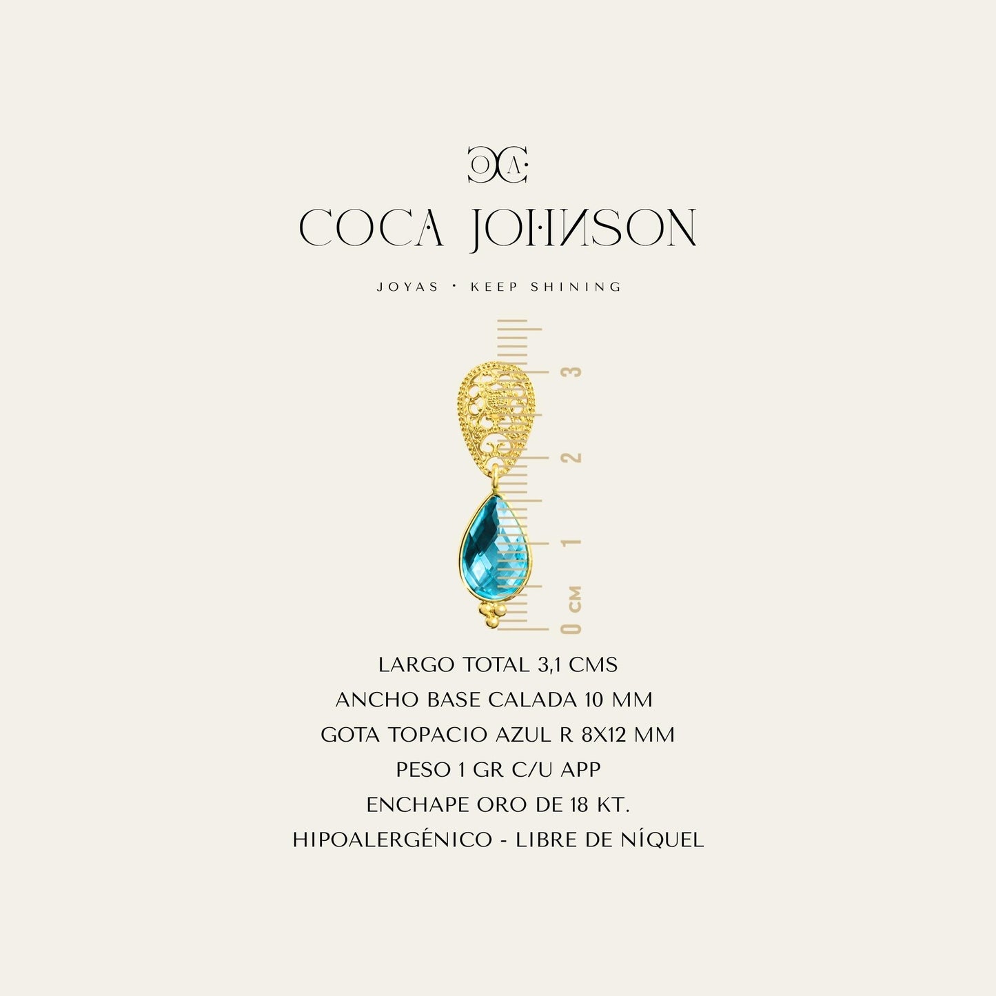 Aros con gota R color topacio azul suizo y base calada enchapados oro 18k. resumen de caracteristicas tecnicas - Coca Johnson Joyas - Chile
