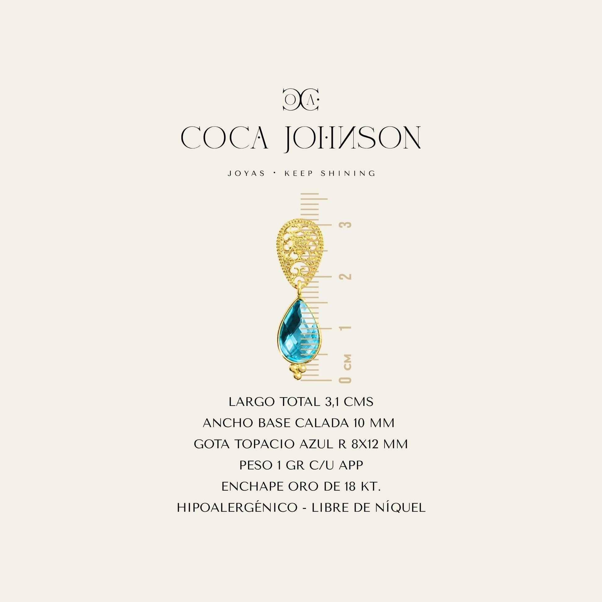 Aros con gota R color topacio azul suizo y base calada enchapados oro 18k. resumen de caracteristicas tecnicas - Coca Johnson Joyas - Chile